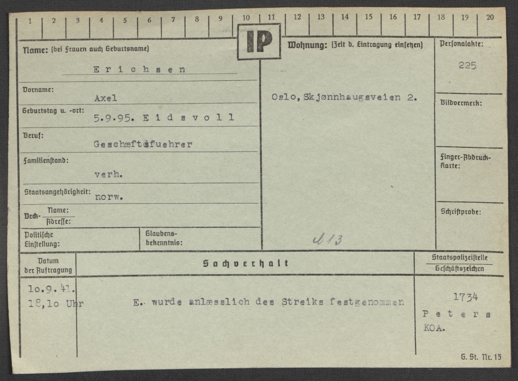 Befehlshaber der Sicherheitspolizei und des SD, RA/RAFA-5969/E/Ea/Eaa/L0003: Register over norske fanger i Møllergata 19: Eng-Hag, 1940-1945, p. 22