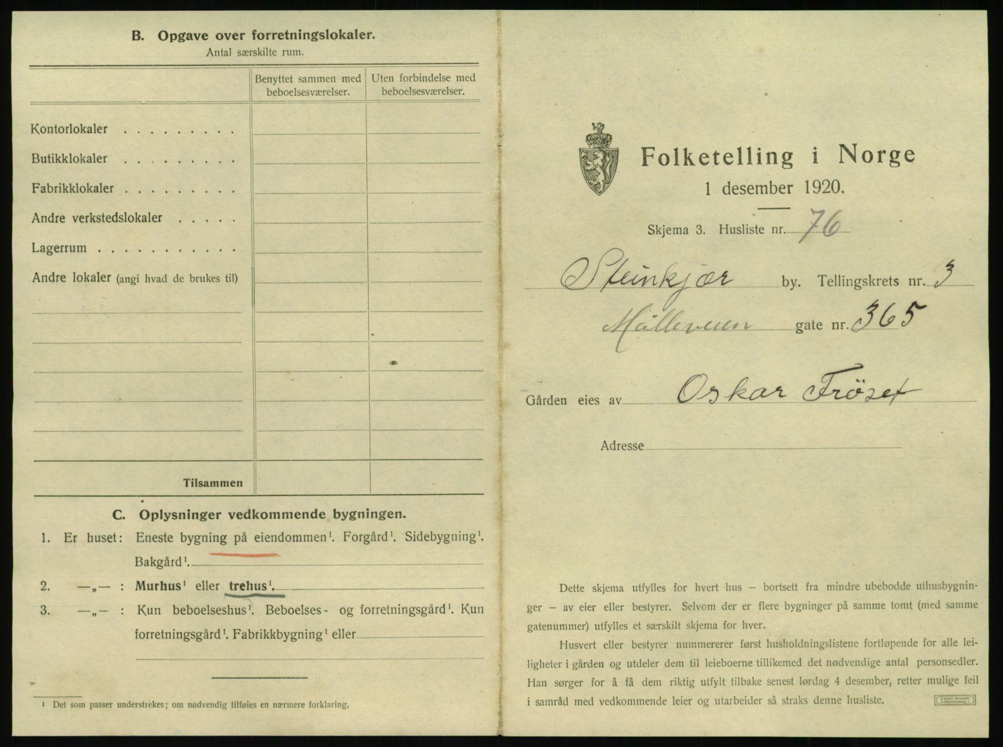 SAT, 1920 census for Steinkjer, 1920, p. 566