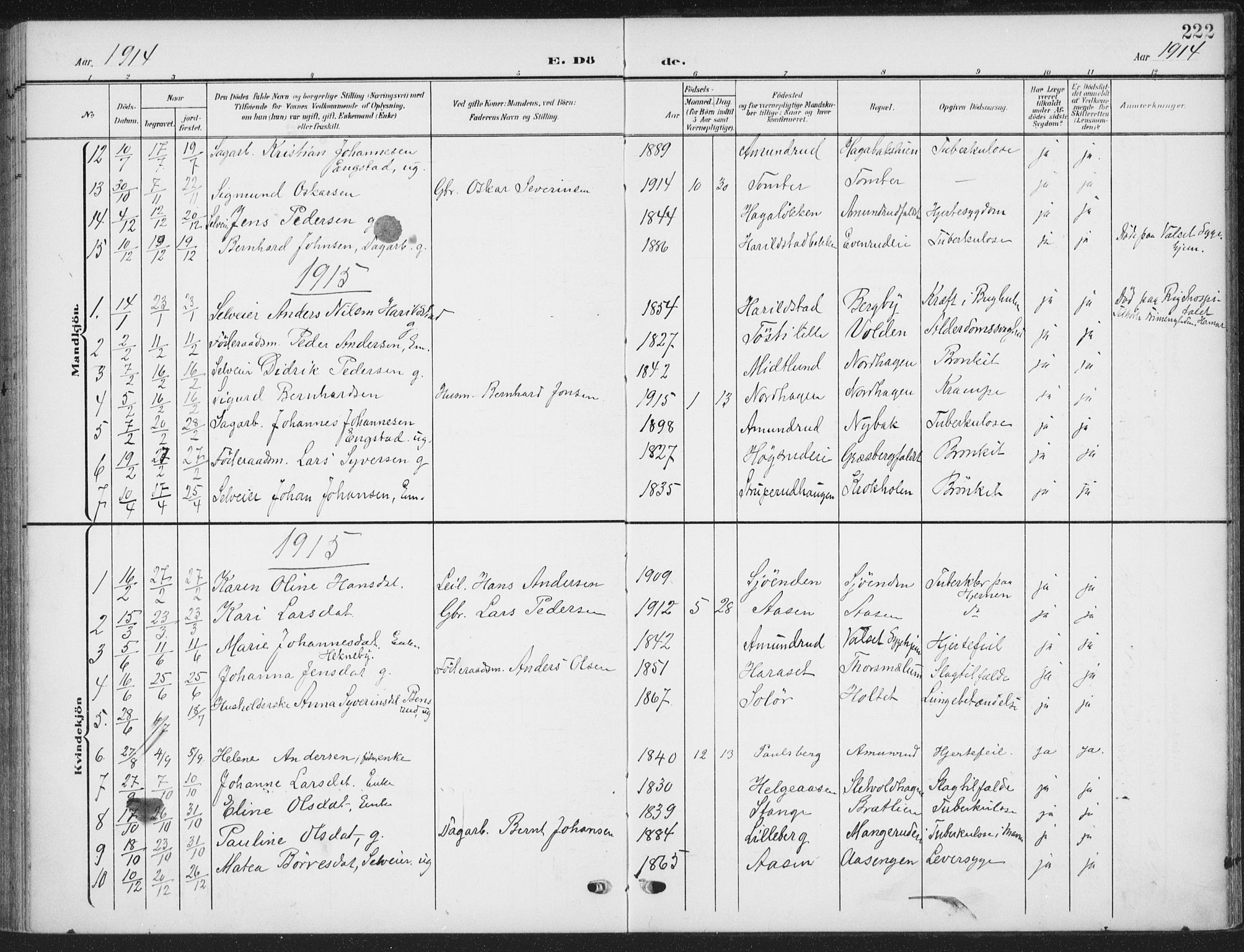 Romedal prestekontor, SAH/PREST-004/K/L0009: Parish register (official) no. 9, 1906-1929, p. 222
