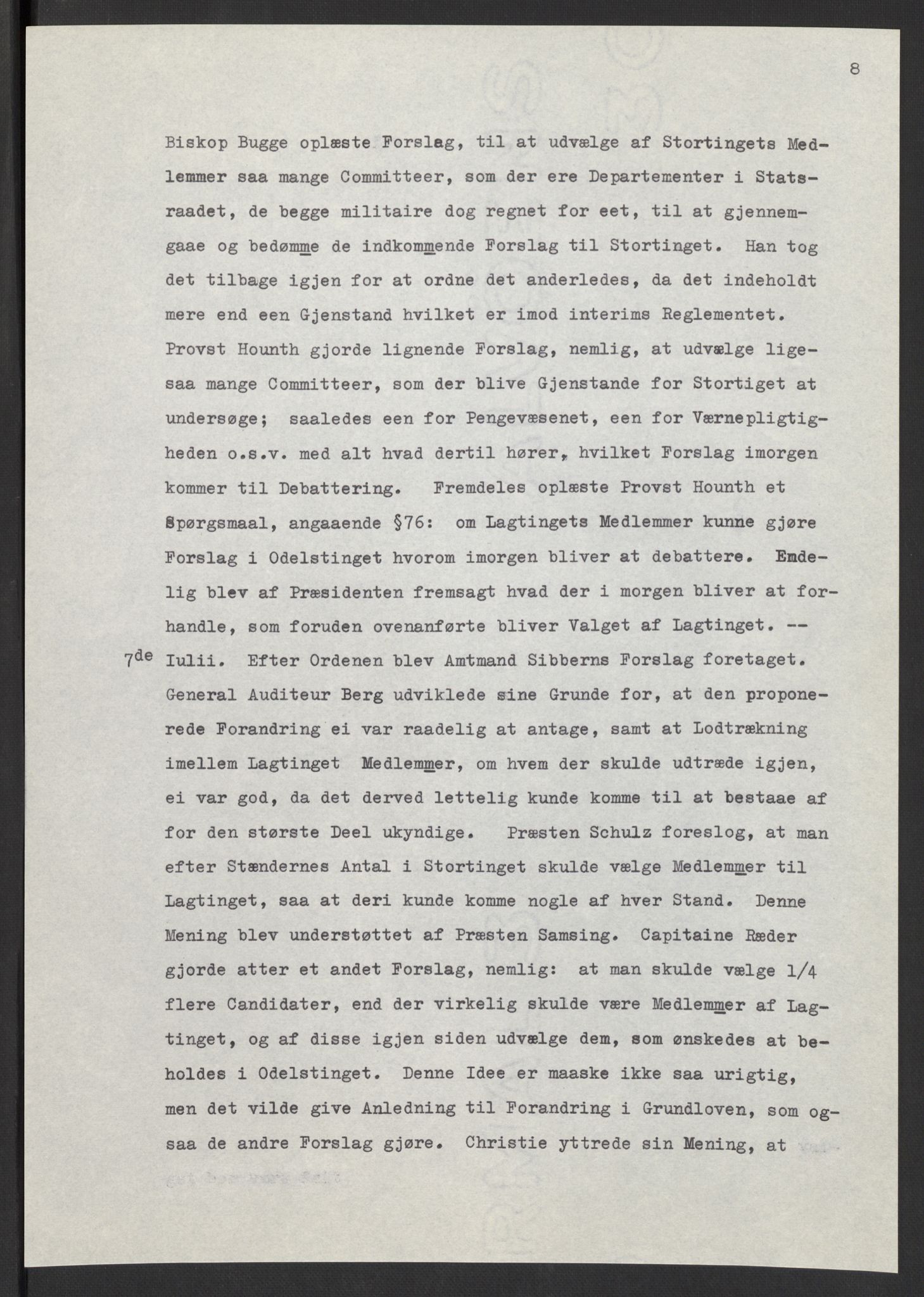 Manuskriptsamlingen, AV/RA-EA-3667/F/L0197: Wetlesen, Hans Jørgen (stortingsmann, ingeniørkaptein); Referat fra Stortinget 1815-1816, 1815-1816, p. 8