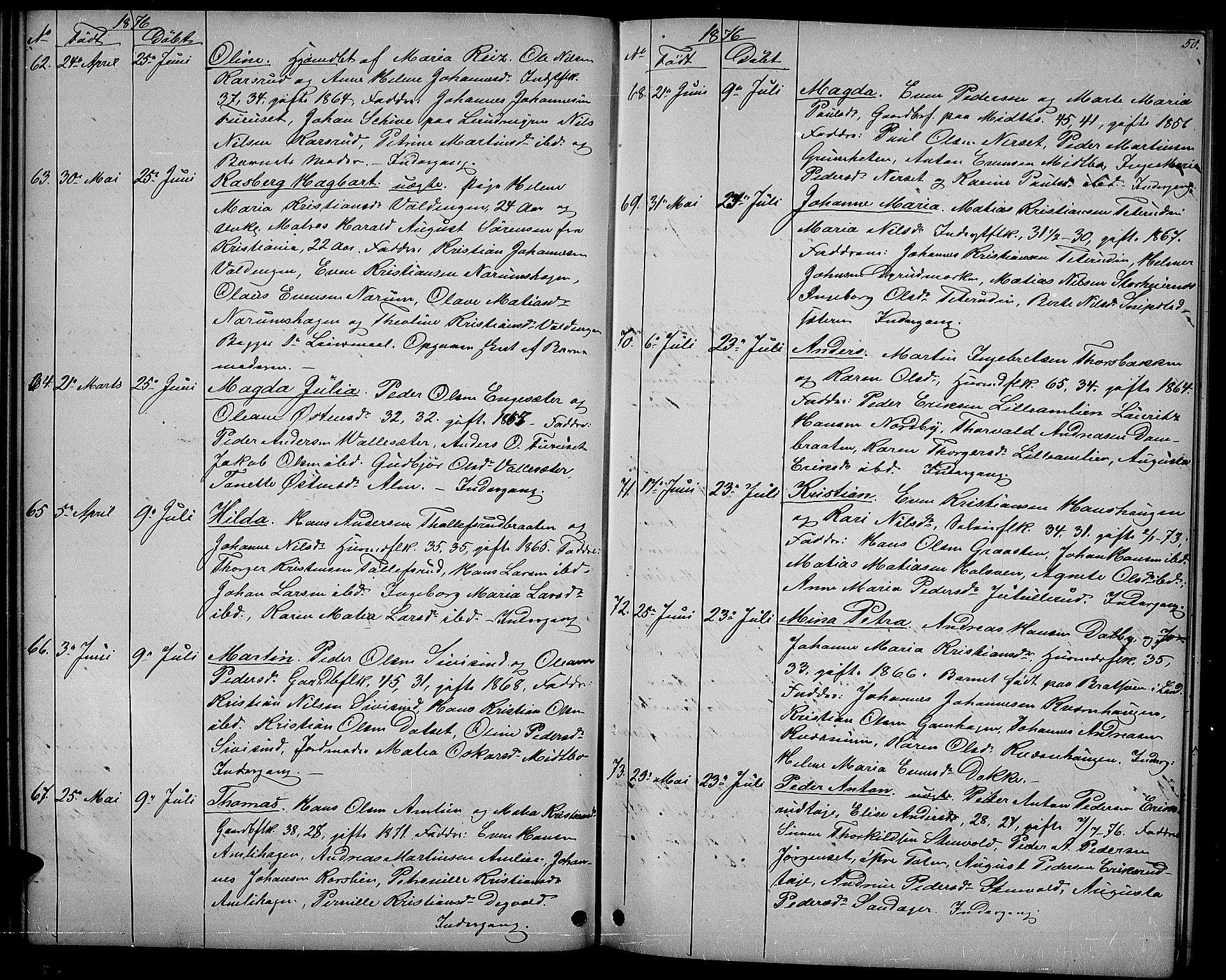 Vestre Toten prestekontor, SAH/PREST-108/H/Ha/Hab/L0006: Parish register (copy) no. 6, 1870-1887, p. 50