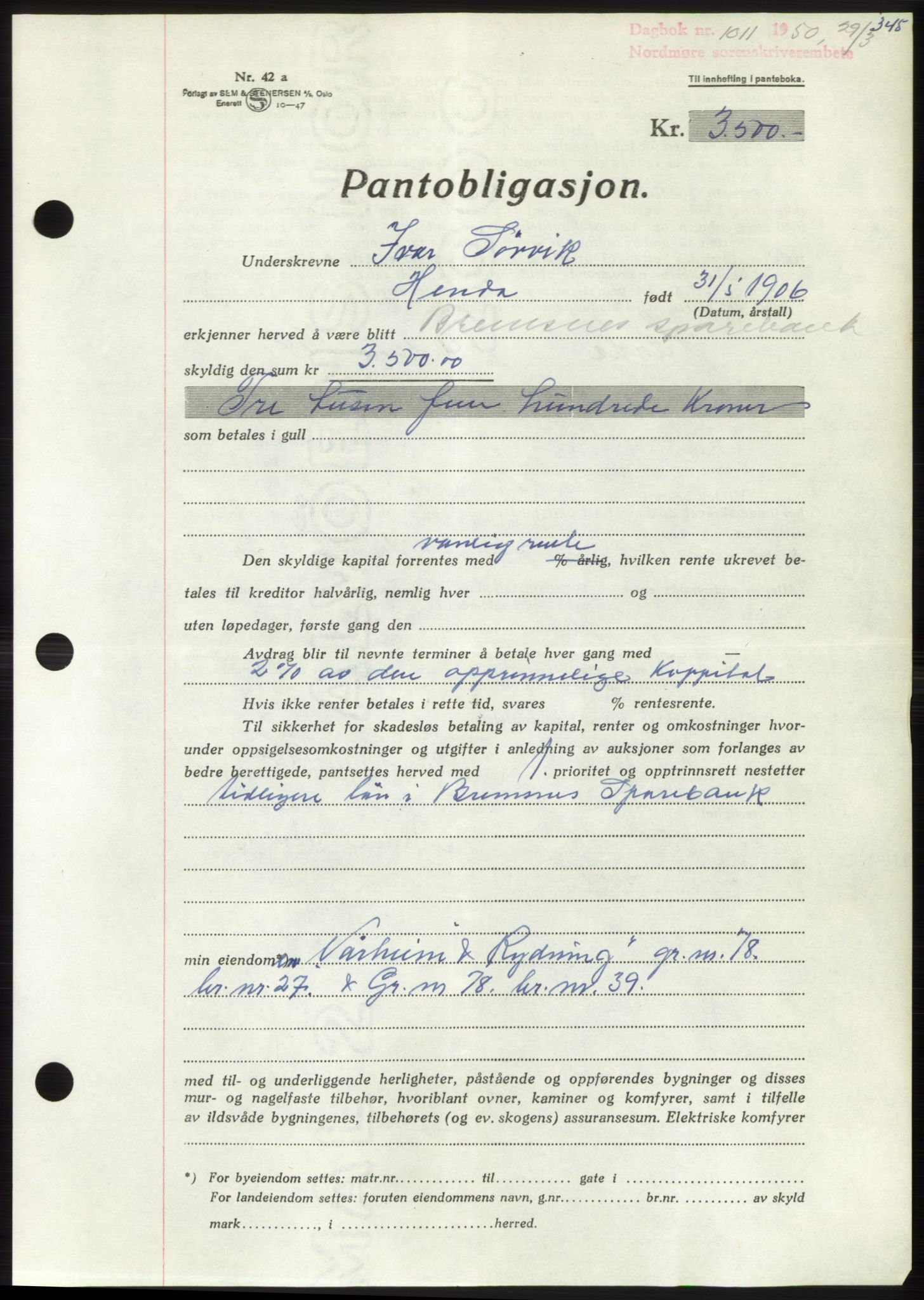 Nordmøre sorenskriveri, AV/SAT-A-4132/1/2/2Ca: Mortgage book no. B104, 1950-1950, Diary no: : 1011/1950