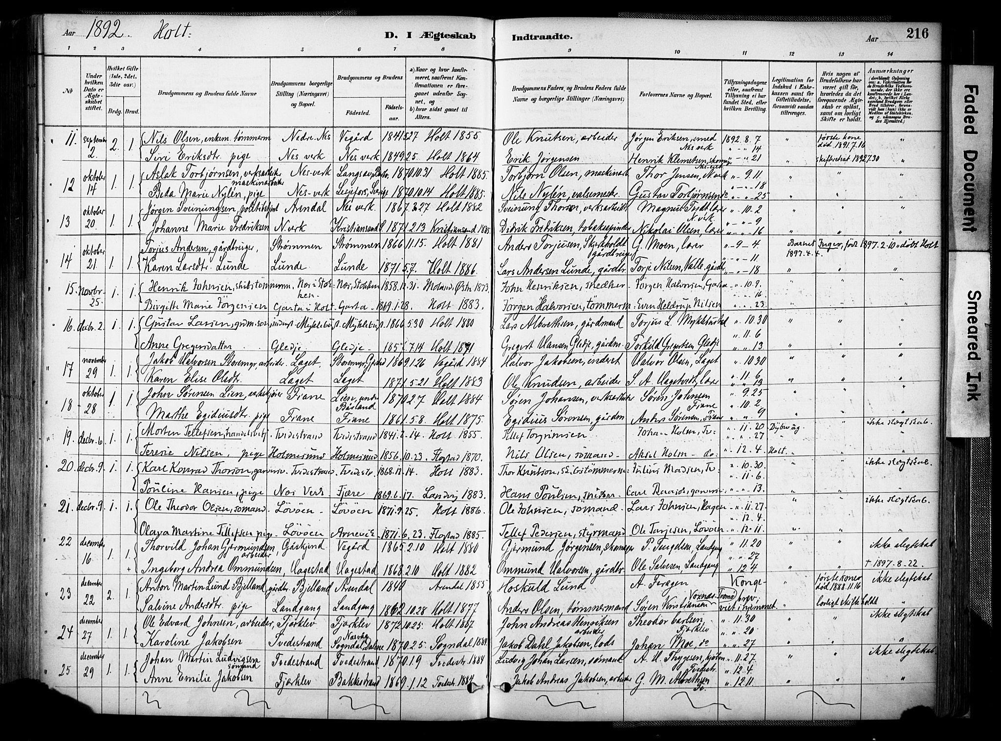 Holt sokneprestkontor, AV/SAK-1111-0021/F/Fa/L0012: Parish register (official) no. A 12, 1885-1907, p. 216