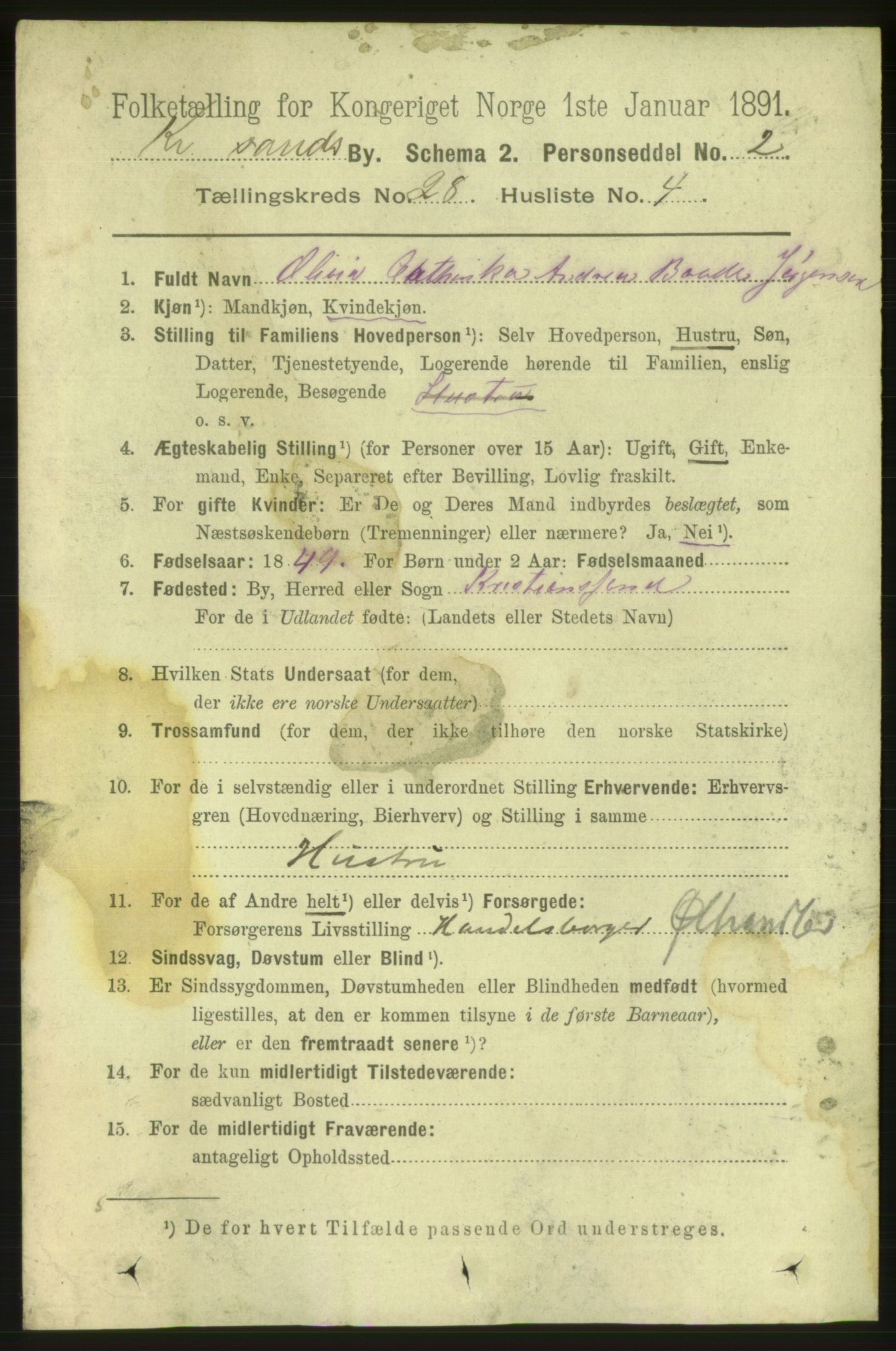 RA, 1891 census for 1001 Kristiansand, 1891, p. 9528