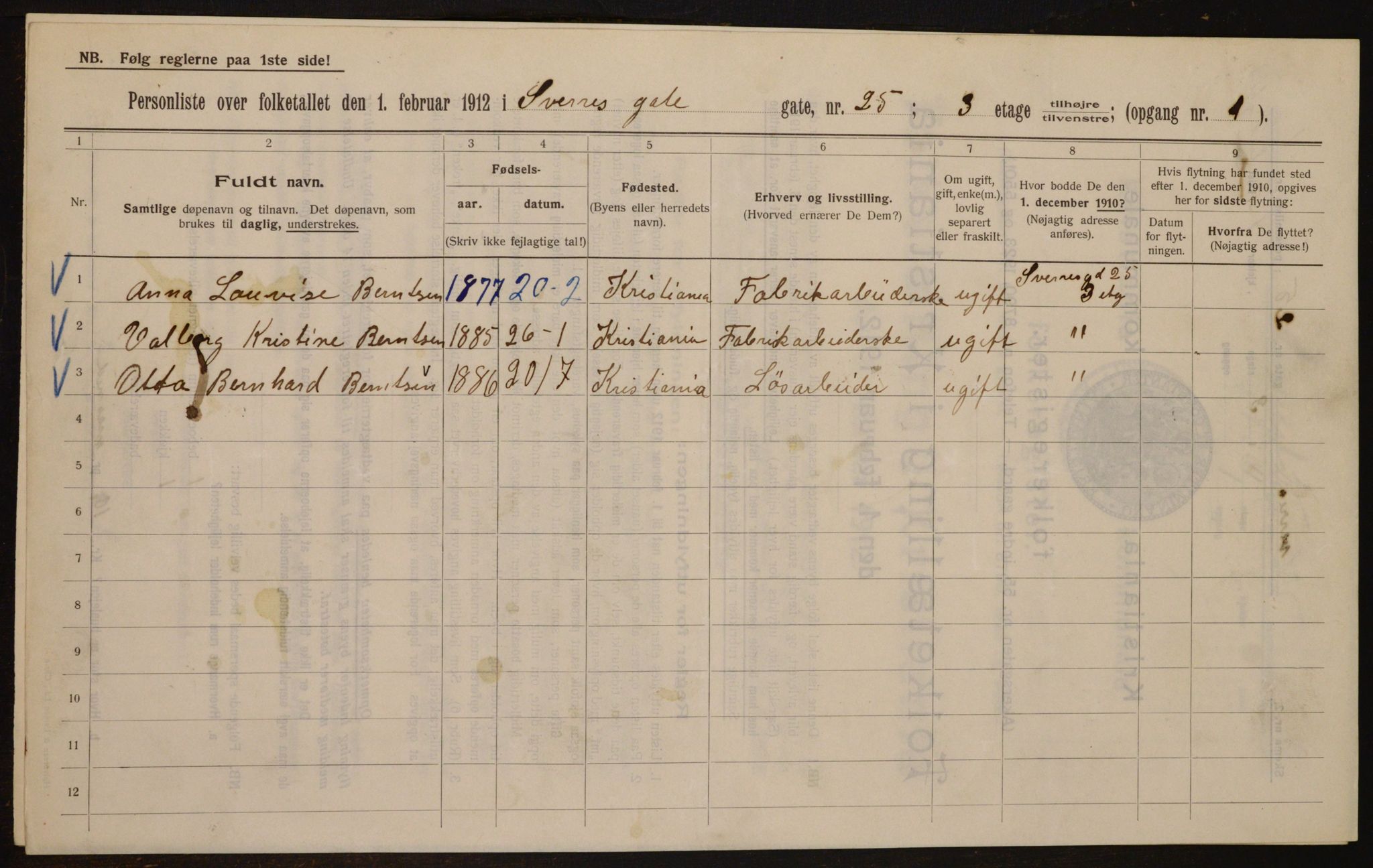 OBA, Municipal Census 1912 for Kristiania, 1912, p. 106116