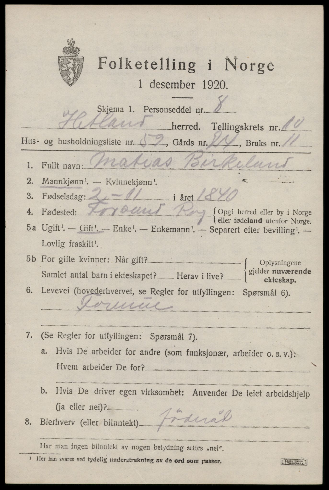 SAST, 1920 census for Hetland, 1920, p. 19759