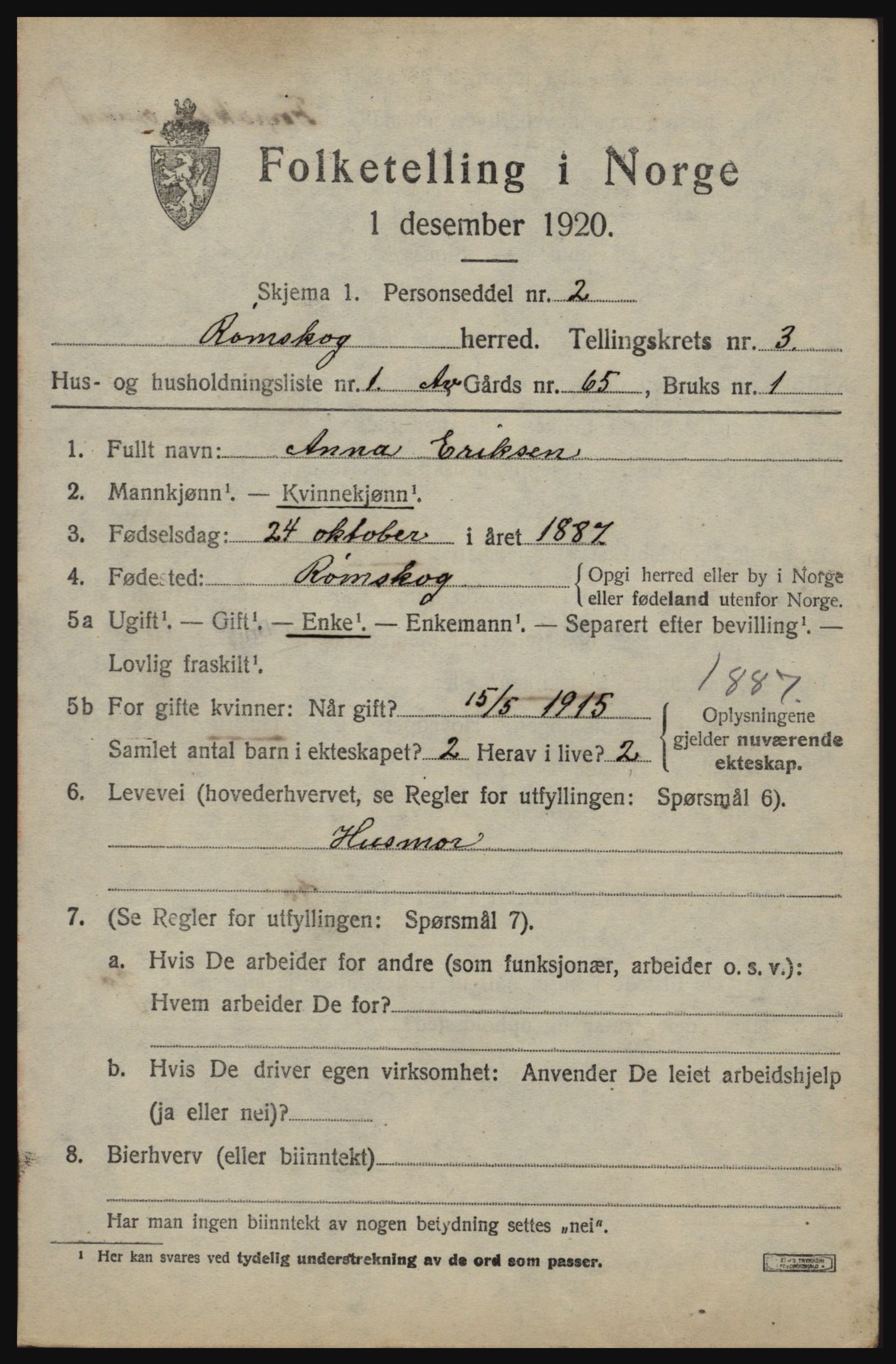 SAO, 1920 census for Rømskog, 1920, p. 992