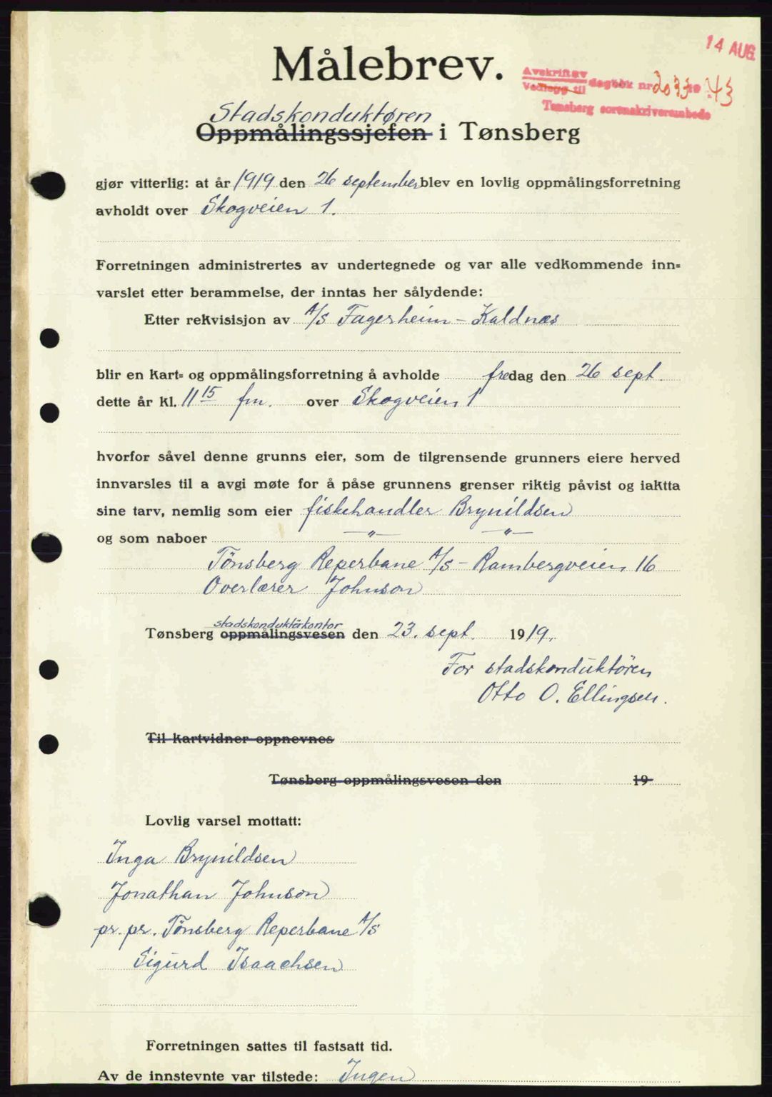 Tønsberg sorenskriveri, AV/SAKO-A-130/G/Ga/Gaa/L0013: Mortgage book no. A13, 1943-1943, Diary no: : 2033/1943