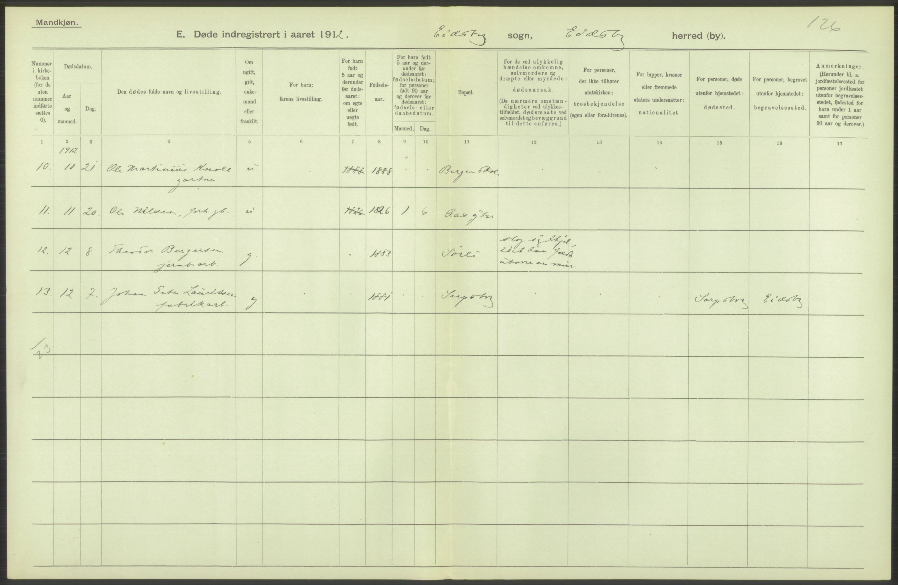 Statistisk sentralbyrå, Sosiodemografiske emner, Befolkning, AV/RA-S-2228/D/Df/Dfb/Dfbb/L0003: Smålenenes amt:  Døde. Bygder og byer., 1912, p. 132