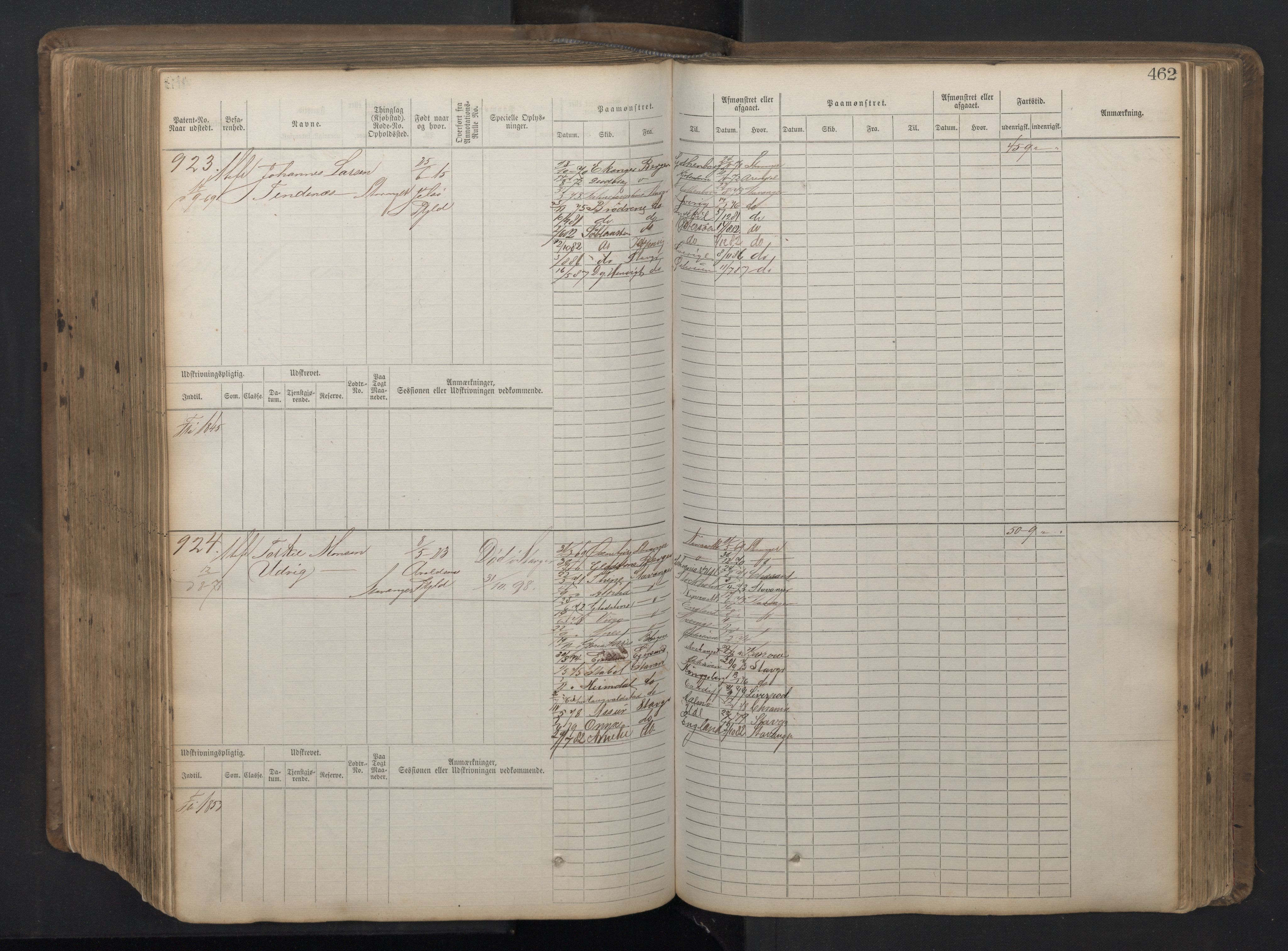 Stavanger sjømannskontor, AV/SAST-A-102006/F/Fb/Fbb/L0016: Sjøfartshovedrulle patnentnr. 1-1202 (dublett), 1869, p. 462