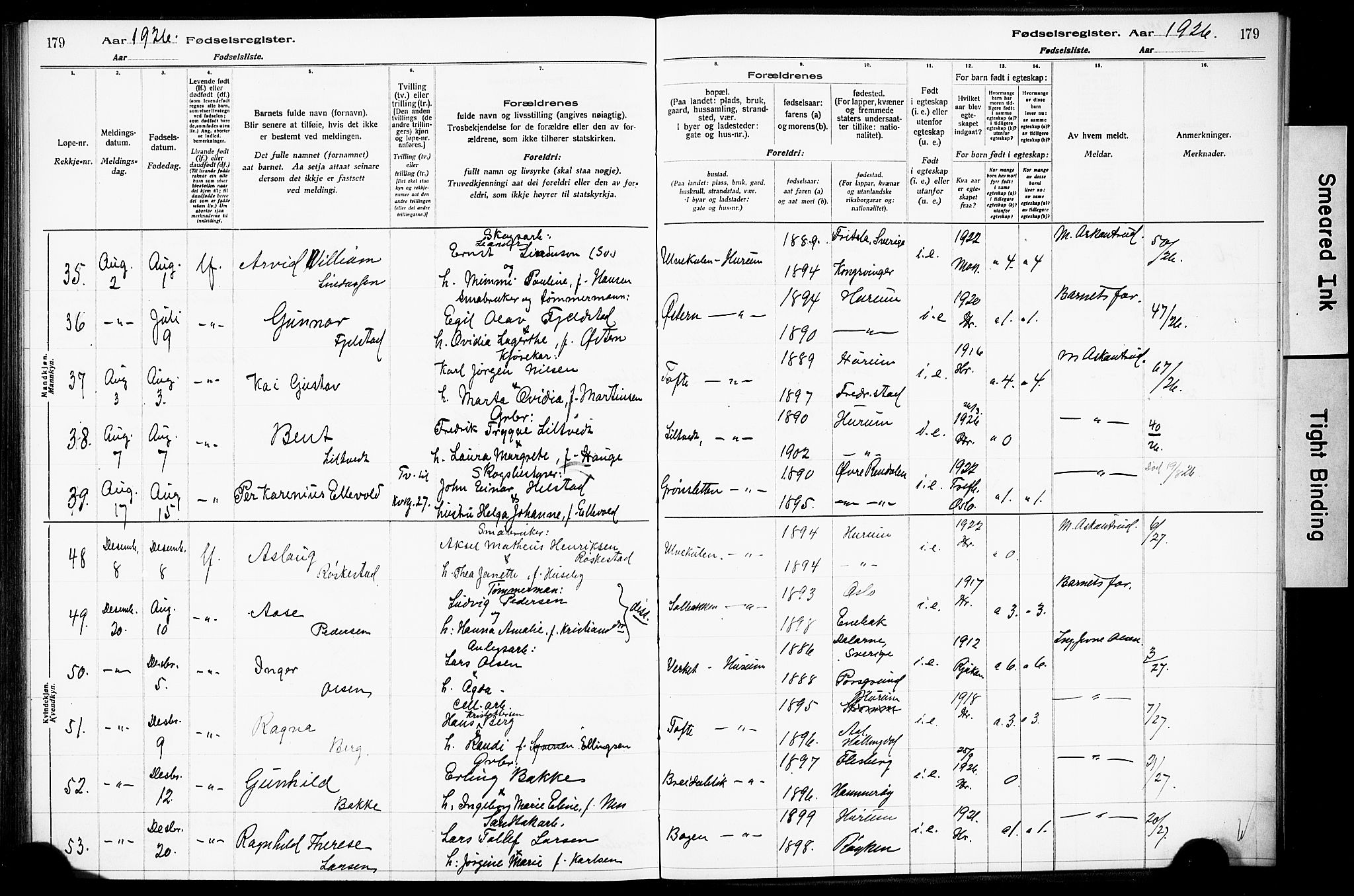 Hurum kirkebøker, AV/SAKO-A-229/J/Ja/L0001: Birth register no. 1, 1916-1928, p. 179