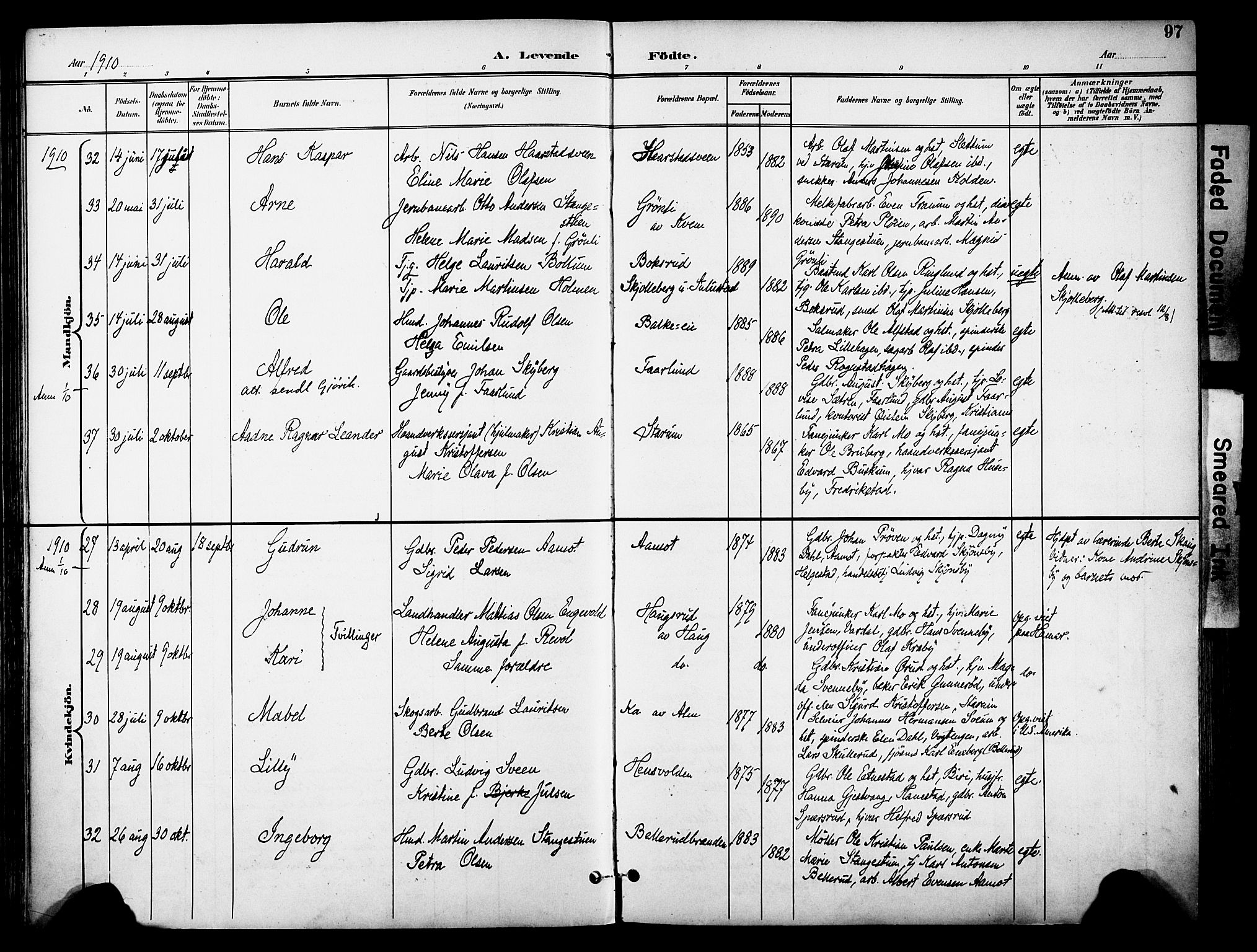 Østre Toten prestekontor, AV/SAH-PREST-104/H/Ha/Haa/L0009: Parish register (official) no. 9, 1897-1913, p. 97