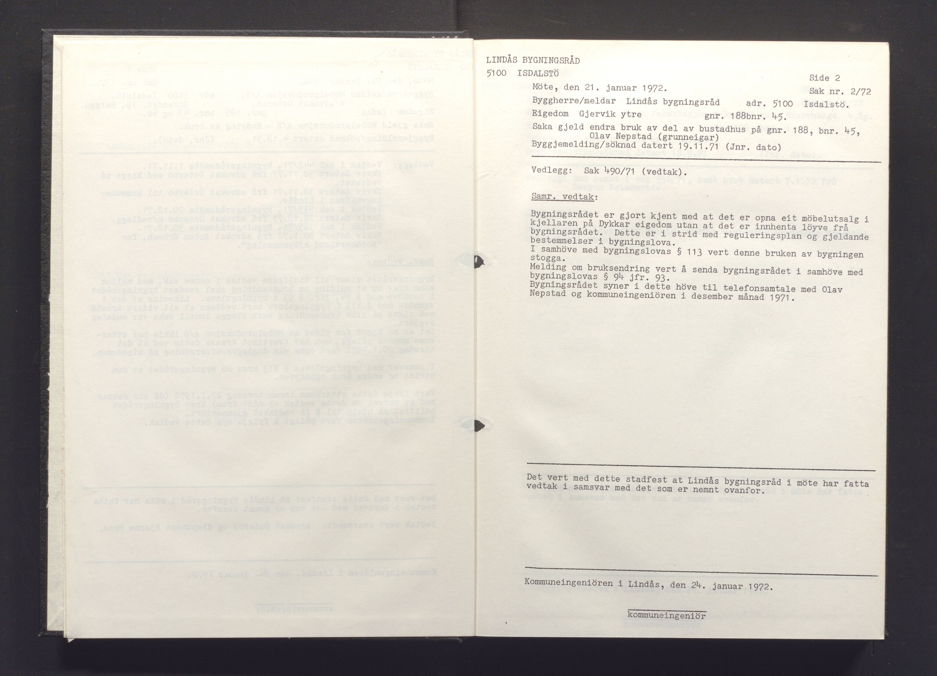 Lindås kommune. Bygningsrådet, IKAH/1263-511/A/Aa/L0009: Møtebok for Lindås bygningsråd, 1972