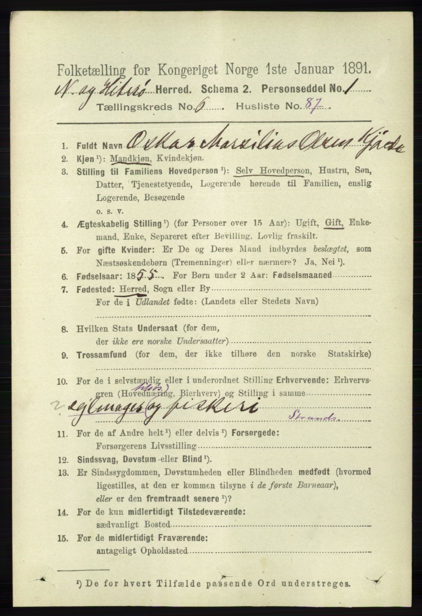 RA, 1891 census for 1043 Hidra og Nes, 1891, p. 2696