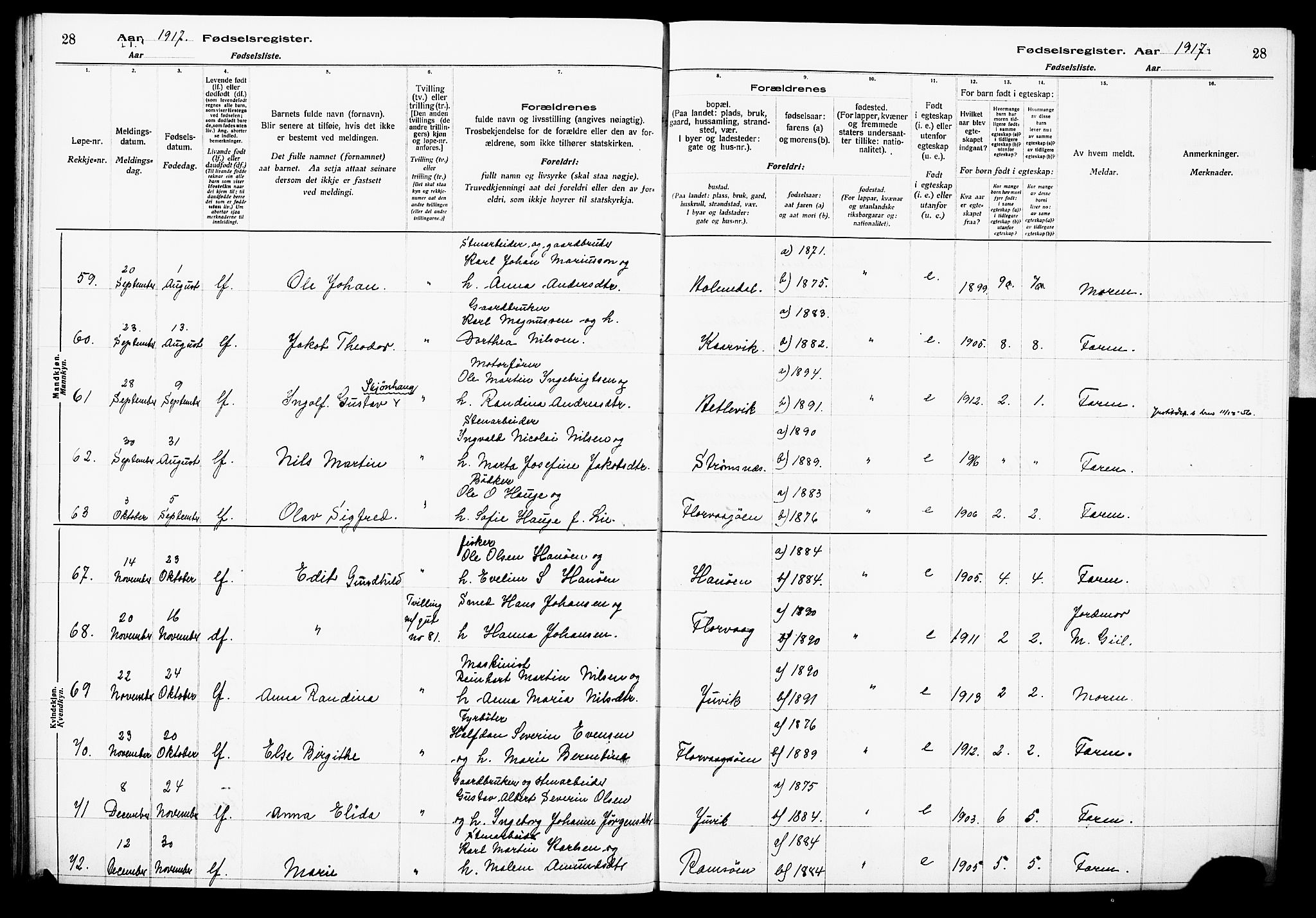 Askøy Sokneprestembete, AV/SAB-A-74101/I/Id/L00A1: Birth register no. A 1, 1916-1928, p. 28