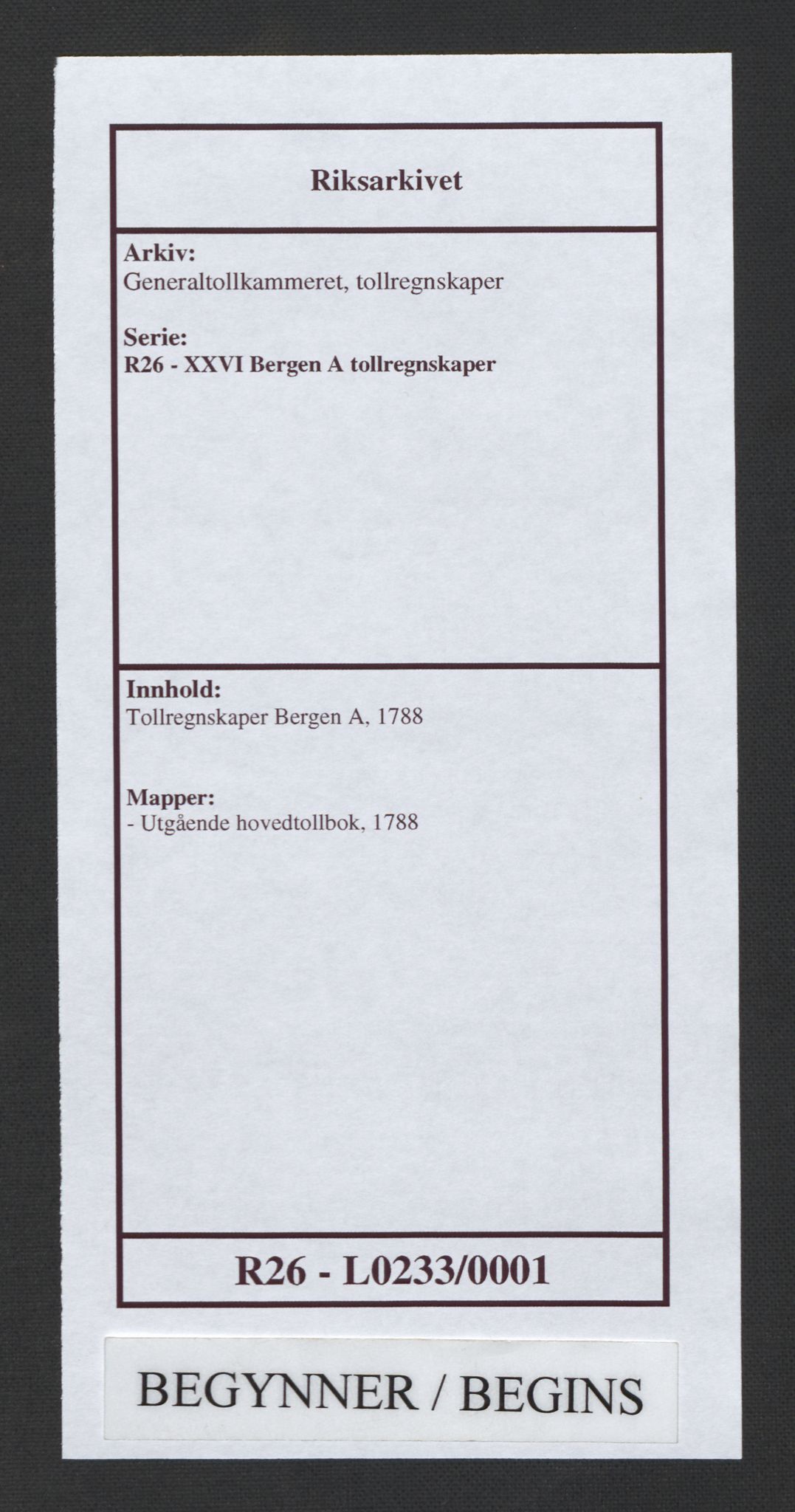 Generaltollkammeret, tollregnskaper, RA/EA-5490/R26/L0233/0001: Tollregnskaper Bergen A / Utgående hovedtollbok, 1788