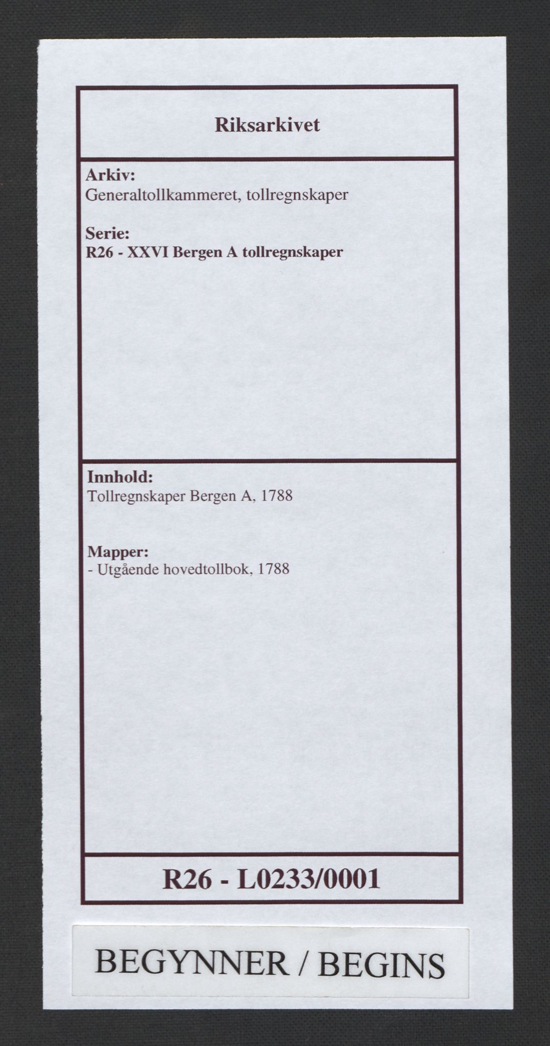 Generaltollkammeret, tollregnskaper, AV/RA-EA-5490/R26/L0233/0001: Tollregnskaper Bergen A / Utgående hovedtollbok, 1788