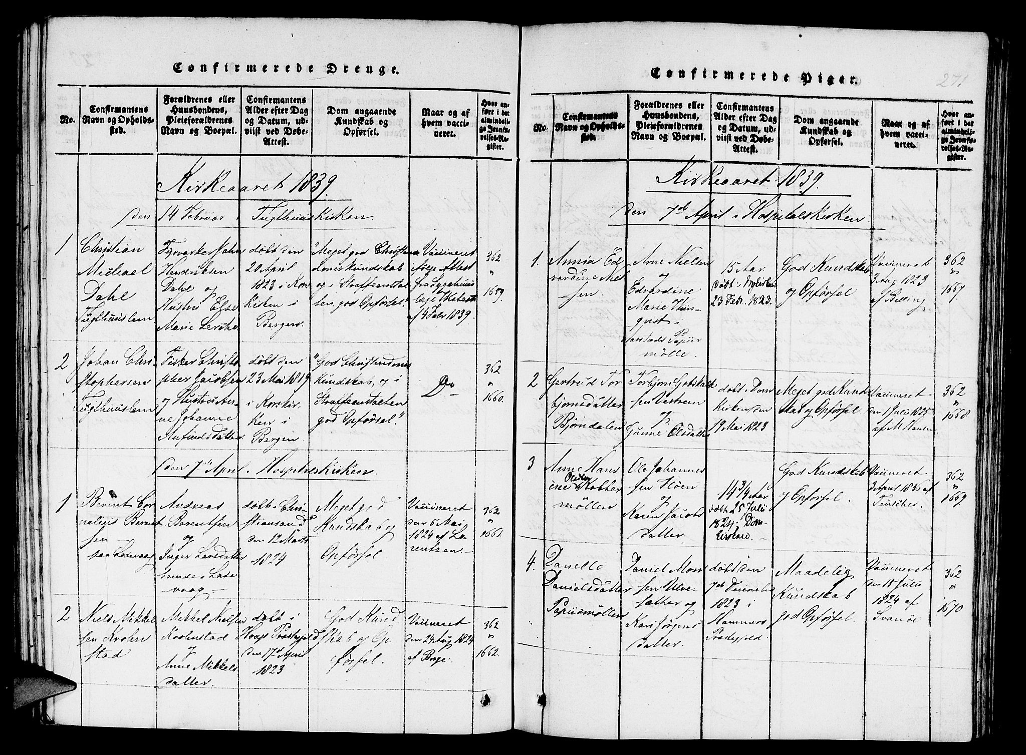 St. Jørgens hospital og Årstad sokneprestembete, SAB/A-99934: Parish register (copy) no. A 1, 1816-1843, p. 271