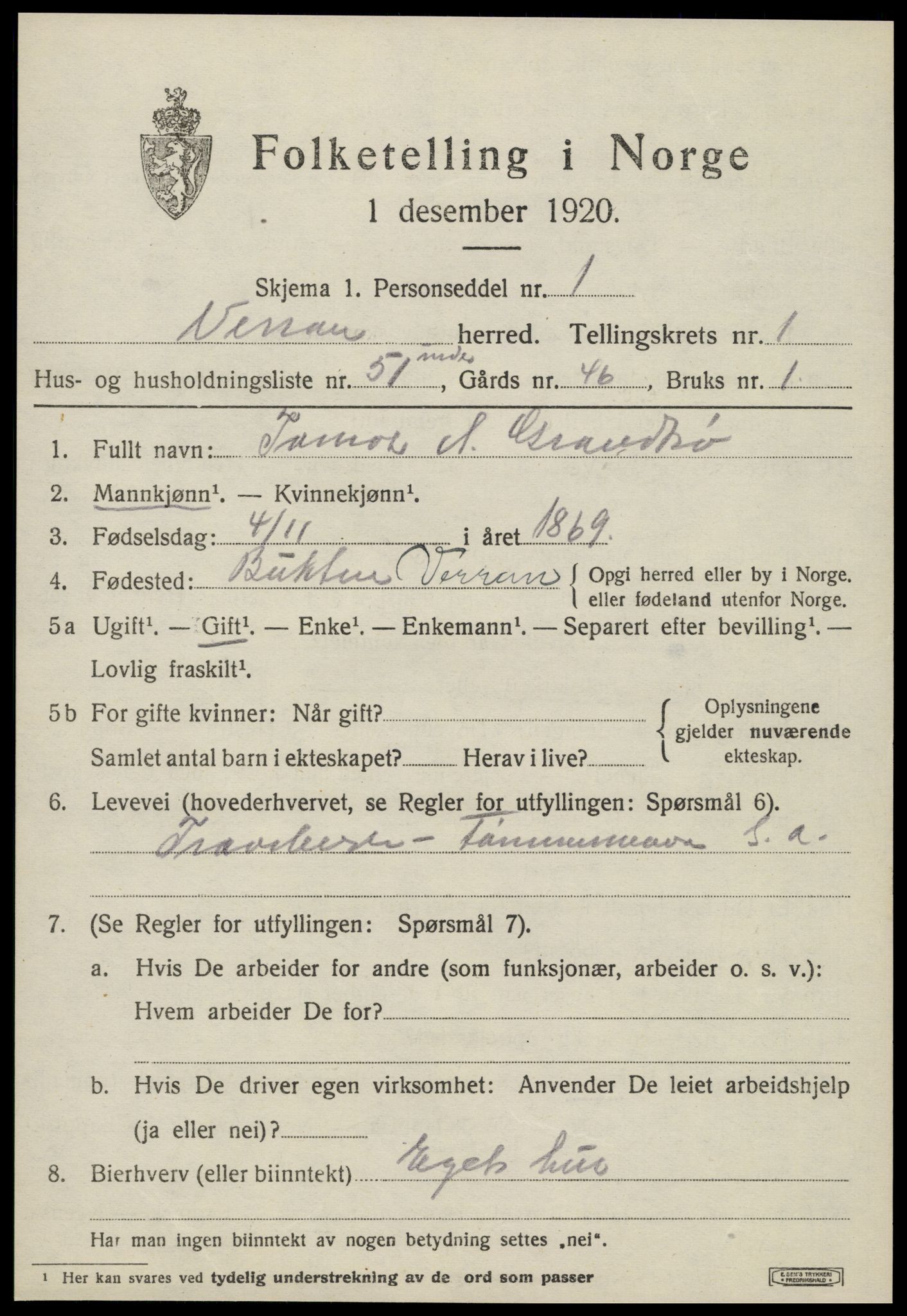 SAT, 1920 census for Verran, 1920, p. 1062