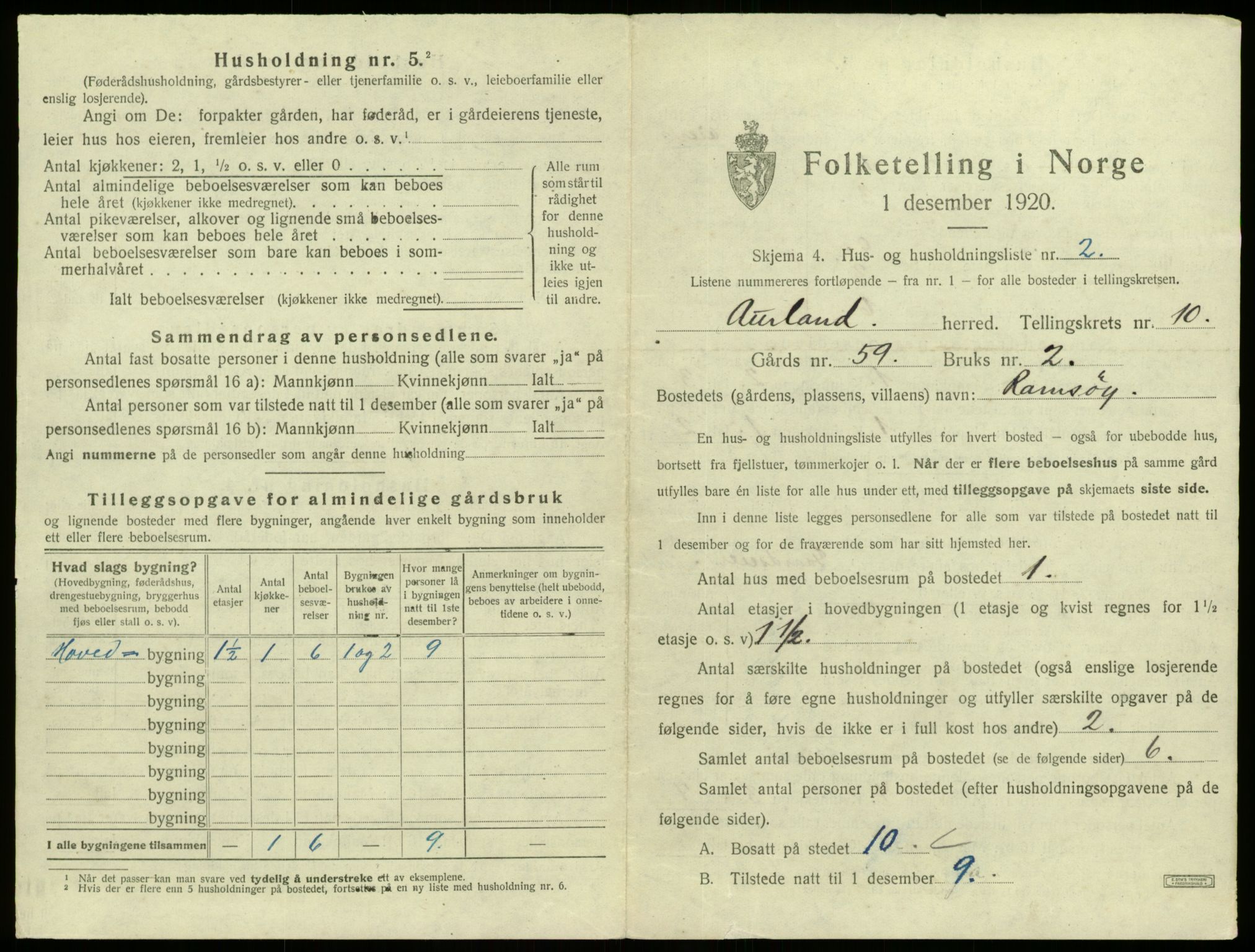 SAB, 1920 census for Aurland, 1920, p. 736