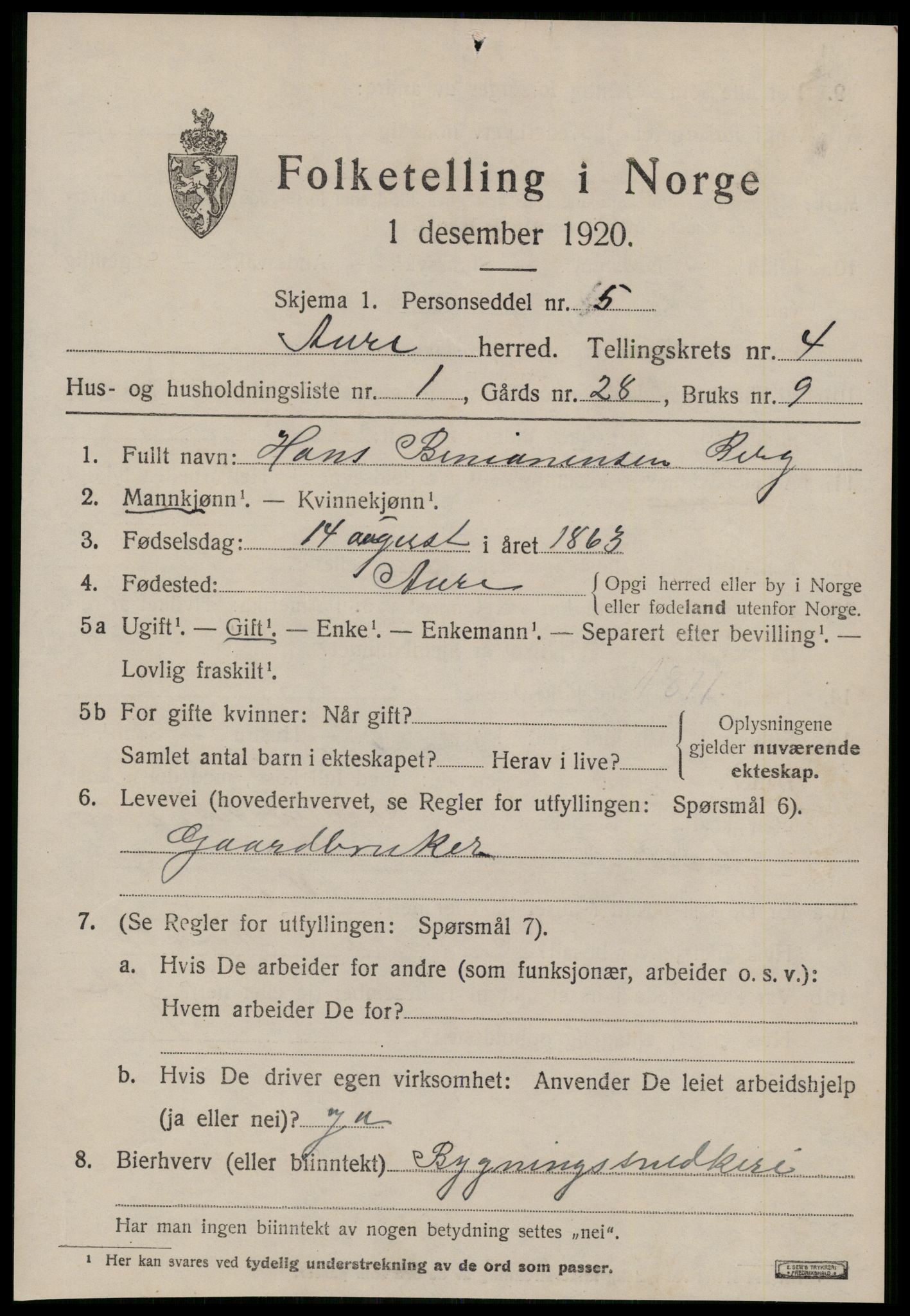 SAT, 1920 census for Aure, 1920, p. 1878