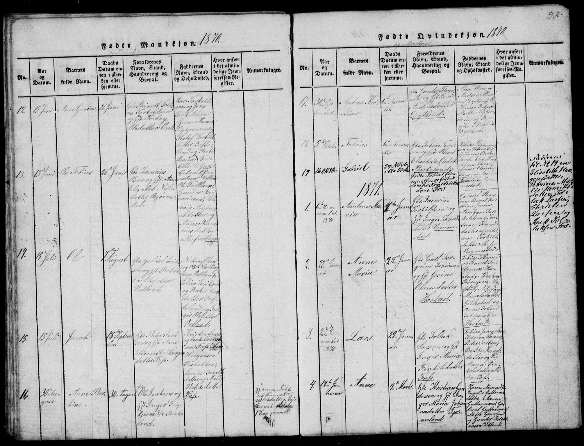 Lyngdal sokneprestkontor, AV/SAK-1111-0029/F/Fb/Fbb/L0001: Parish register (copy) no. B 1, 1816-1900, p. 92