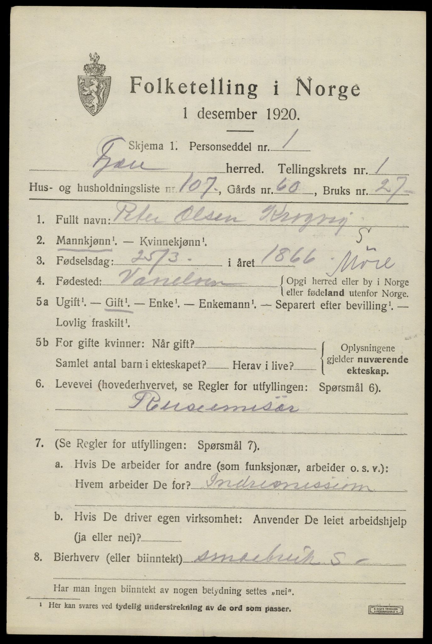 SAK, 1920 census for Fjære, 1920, p. 3241