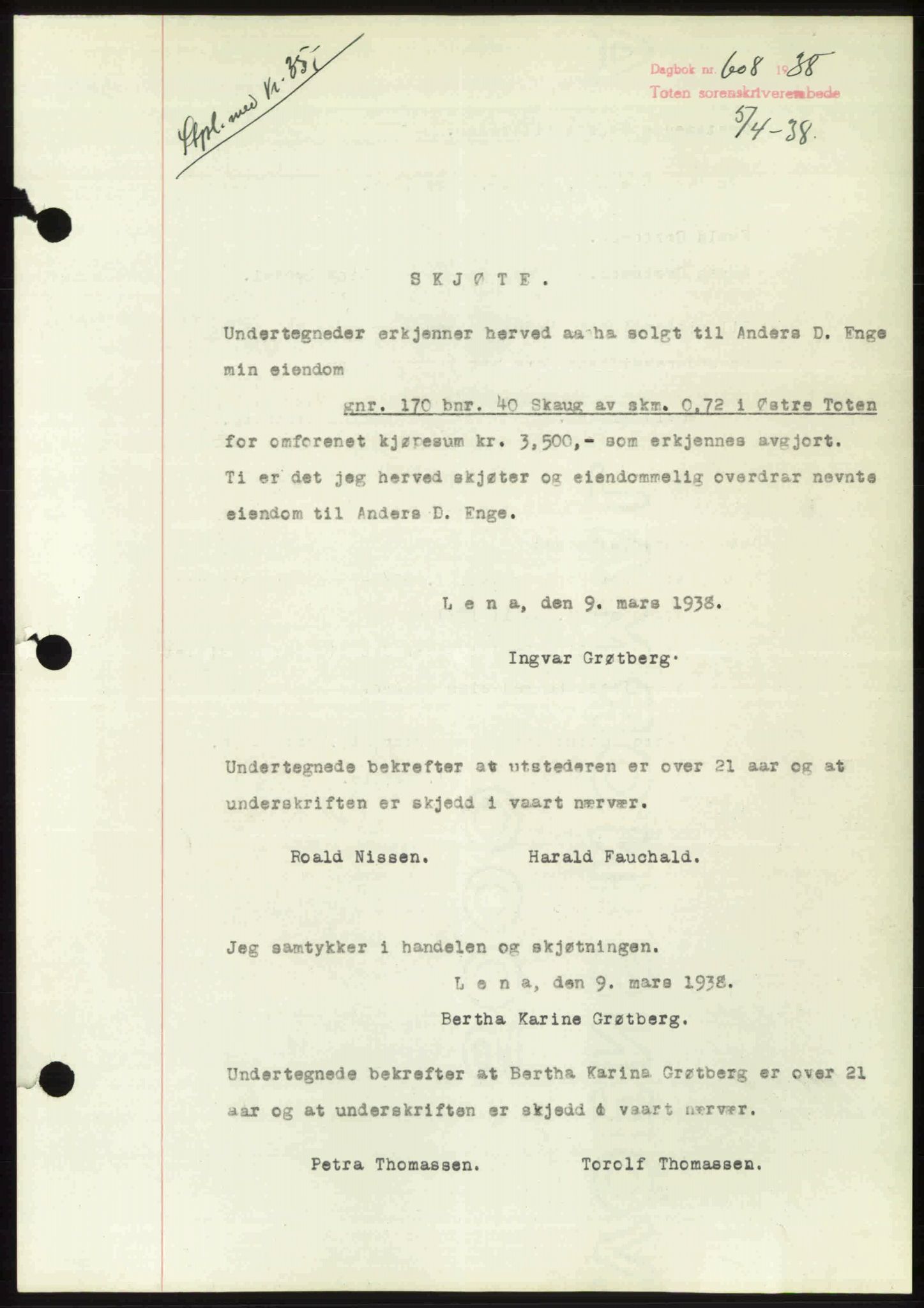 Toten tingrett, SAH/TING-006/H/Hb/Hbc/L0004: Mortgage book no. Hbc-04, 1938-1938, Diary no: : 608/1938