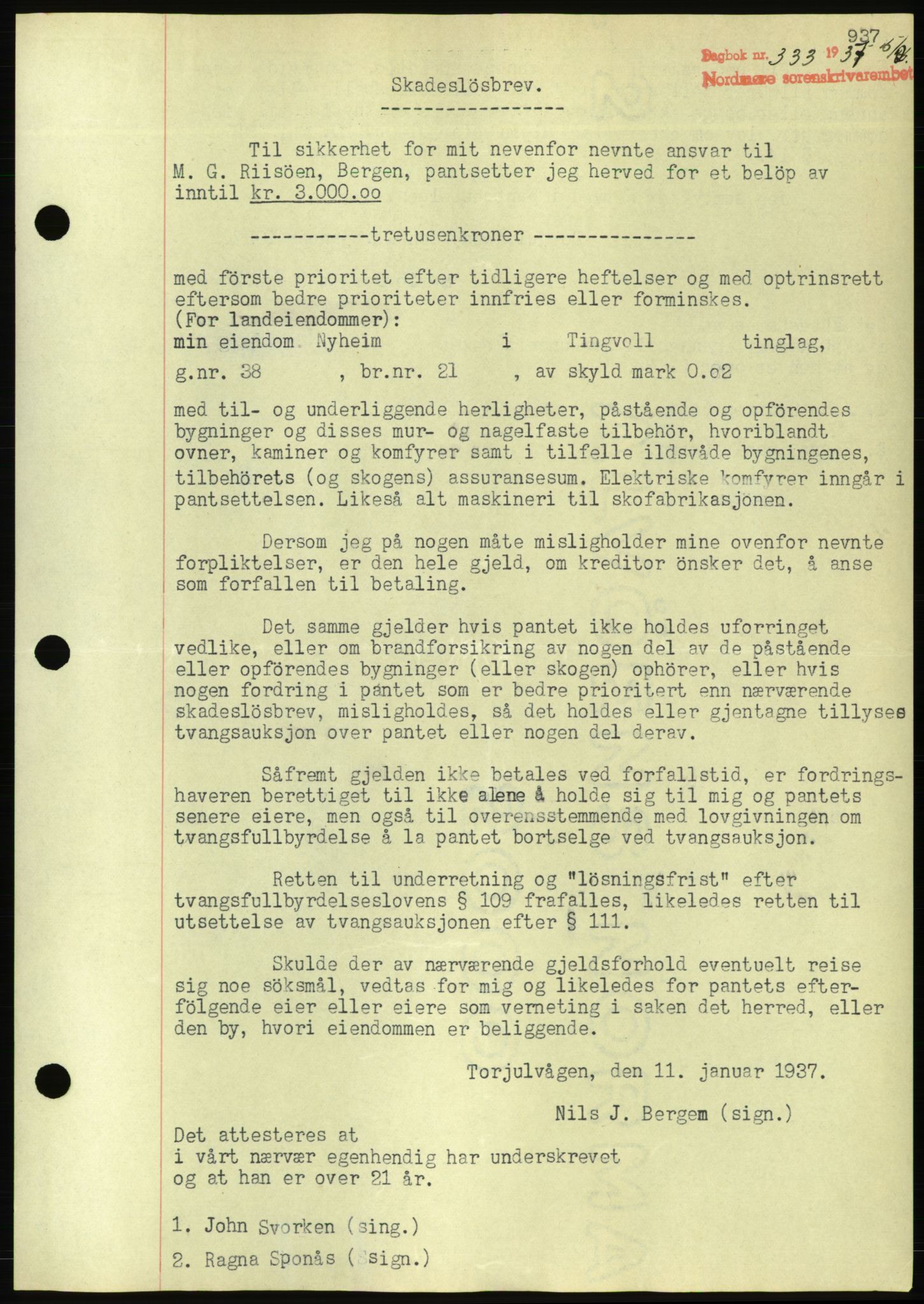 Nordmøre sorenskriveri, AV/SAT-A-4132/1/2/2Ca/L0090: Mortgage book no. B80, 1936-1937, Diary no: : 333/1937