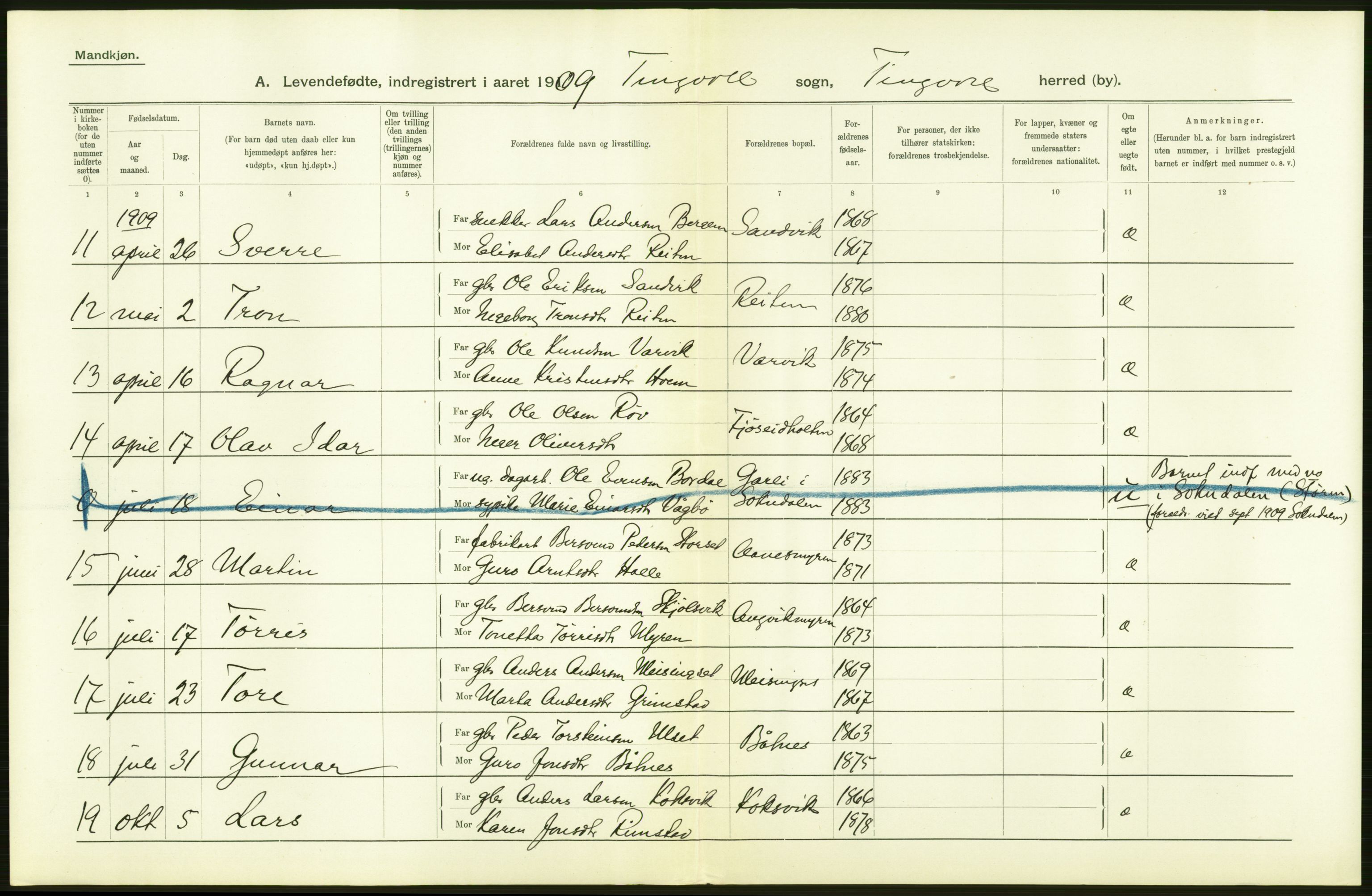 Statistisk sentralbyrå, Sosiodemografiske emner, Befolkning, AV/RA-S-2228/D/Df/Dfa/Dfag/L0036: Romsdals amt: Levendefødte menn og kvinner. Bygder., 1909, p. 32