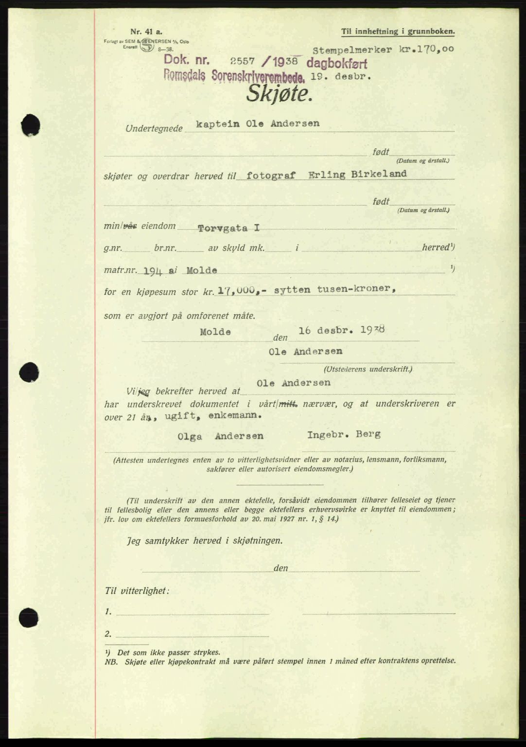 Romsdal sorenskriveri, AV/SAT-A-4149/1/2/2C: Mortgage book no. A6, 1938-1939, Diary no: : 2557/1938