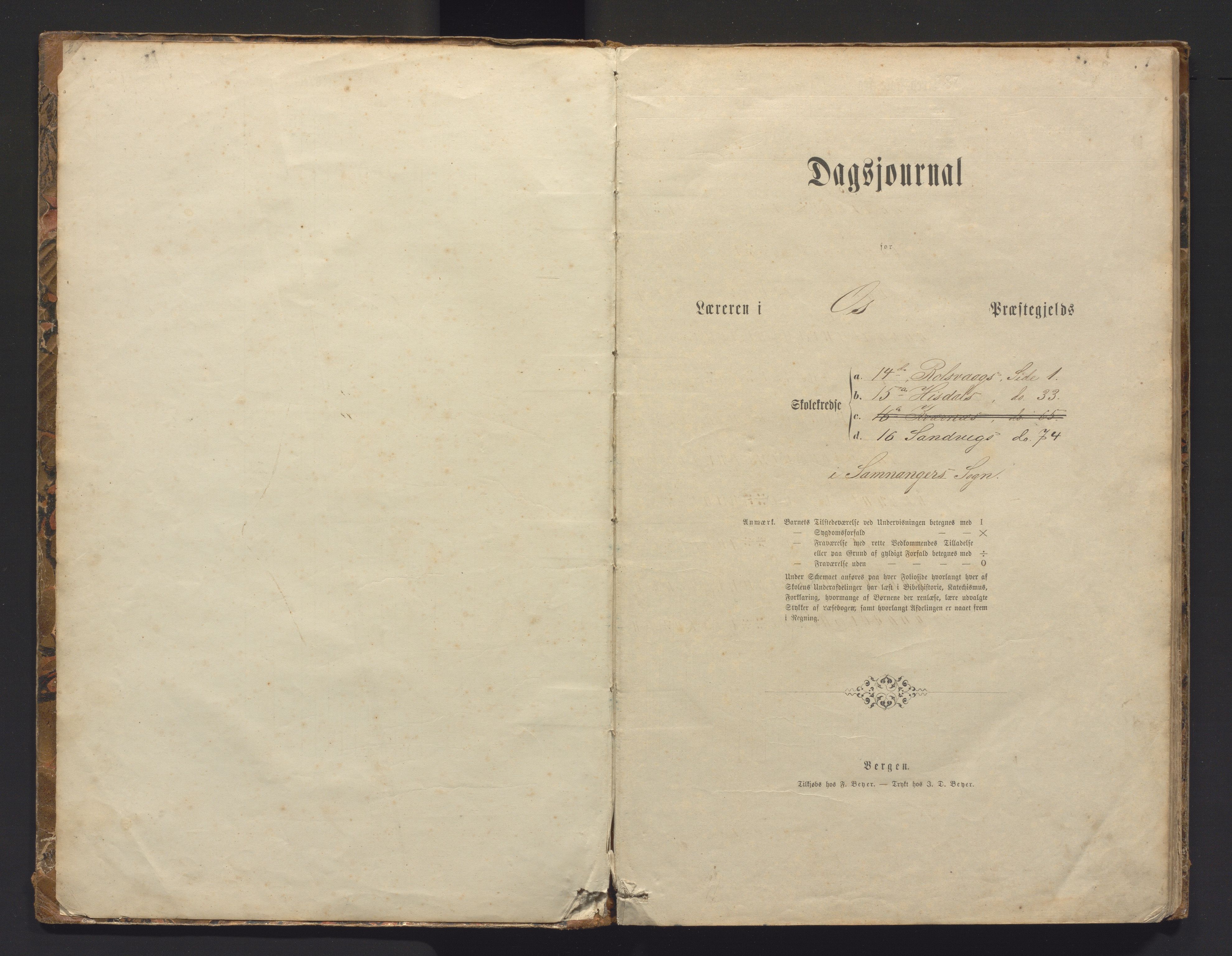 Samnanger kommune. Barneskulane, IKAH/1242-231/G/Ga/L0001: Dagbok for læraren i Os prestegjeld, Samnanger sokn for krinsane Hisdal, Rolvsvåg, Kvernes og Sandvik, 1873-1889