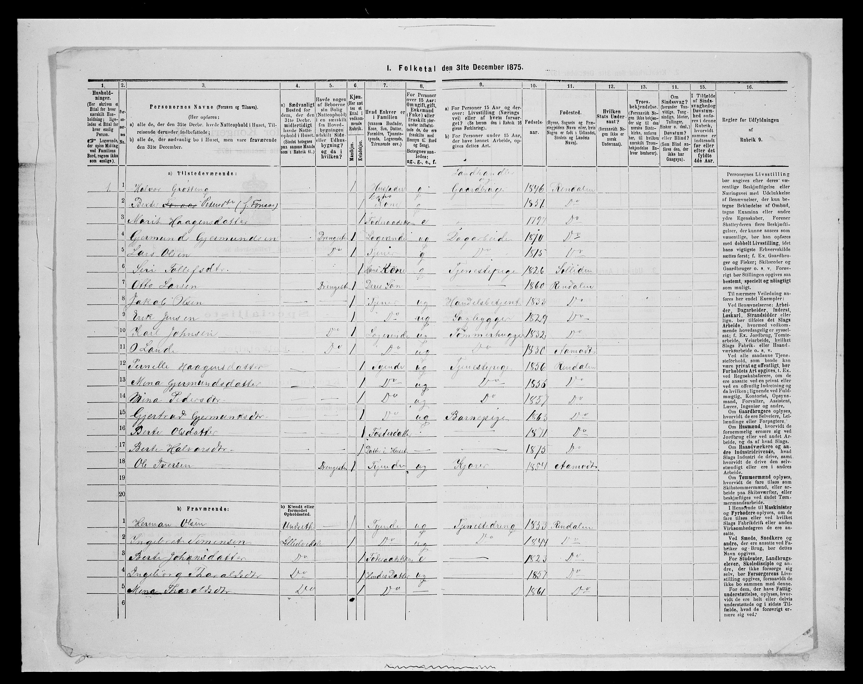 SAH, 1875 census for 0432P Rendalen, 1875, p. 453