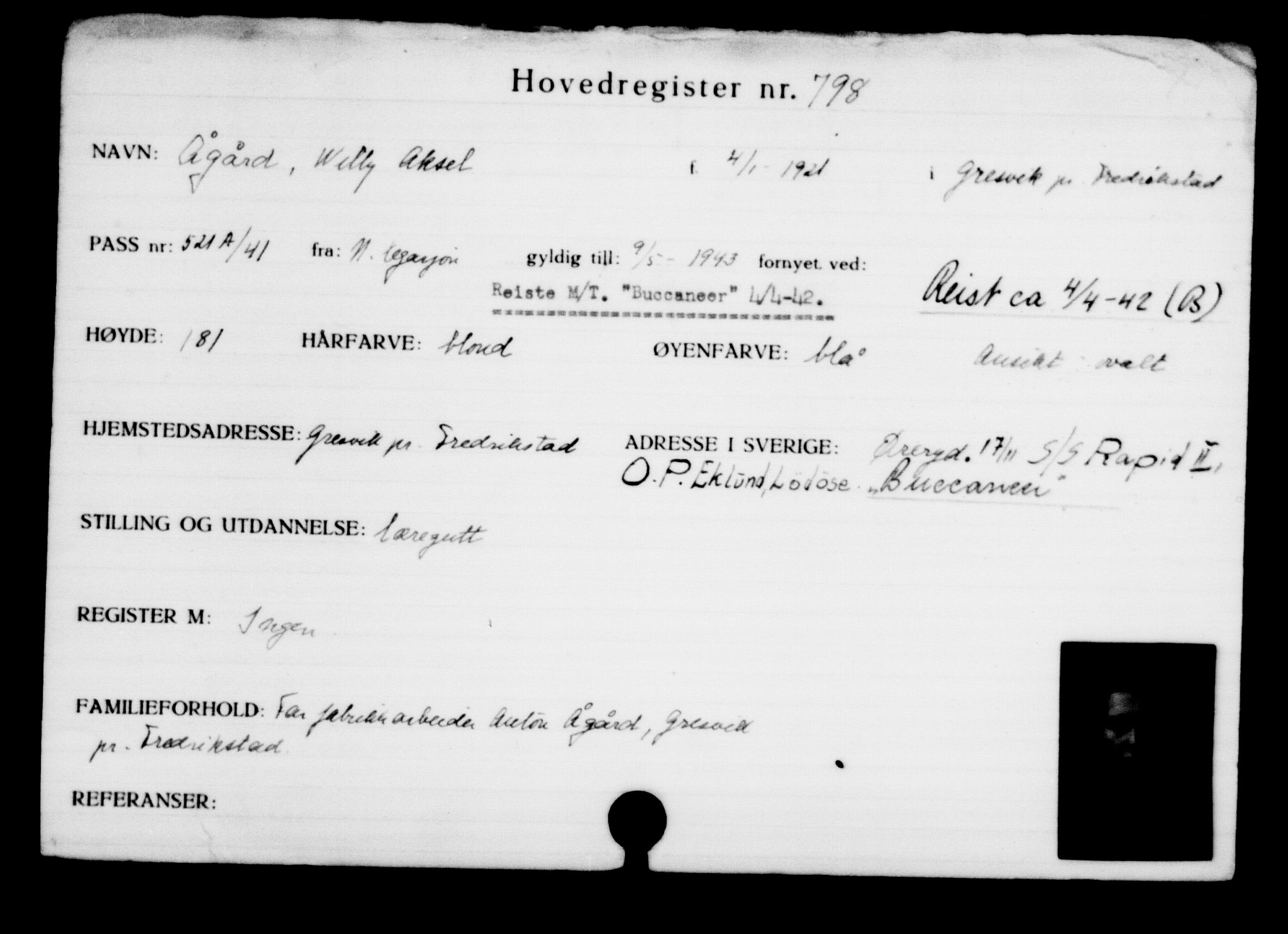 Den Kgl. Norske Legasjons Flyktningskontor, AV/RA-S-6753/V/Va/L0001: Kjesäterkartoteket. Flyktningenr. 1-1000, 1940-1945, p. 1265