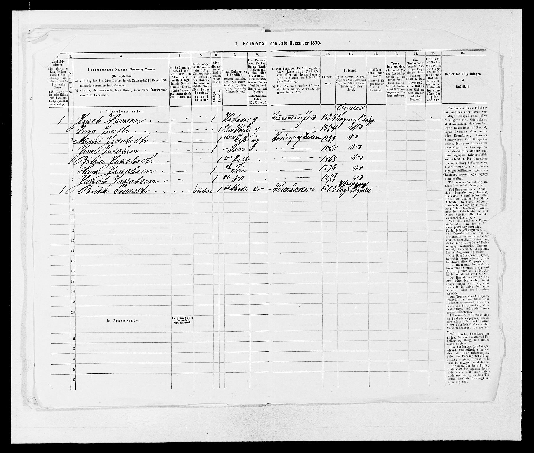 SAB, 1875 census for 1424P Årdal, 1875, p. 175