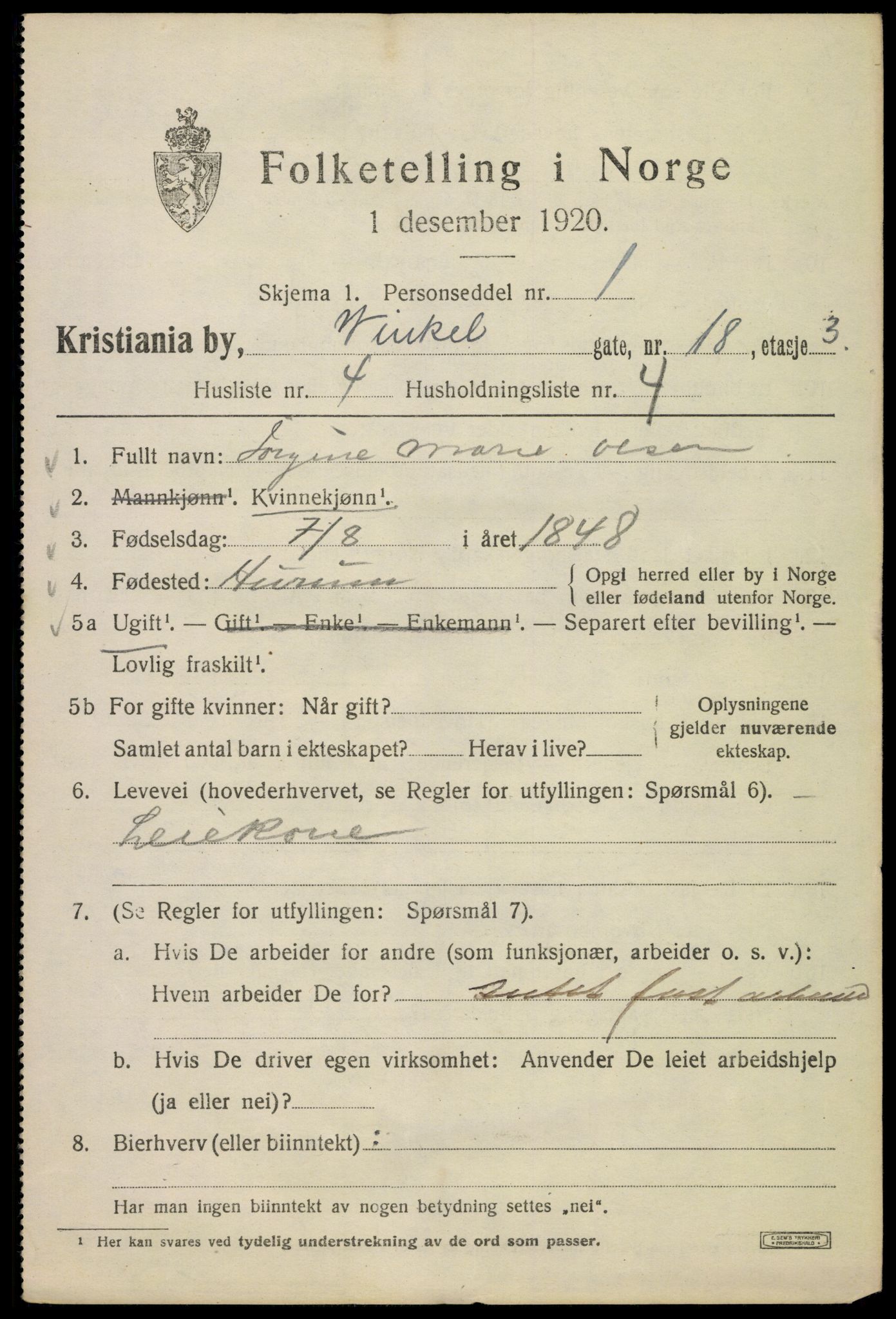 SAO, 1920 census for Kristiania, 1920, p. 638063