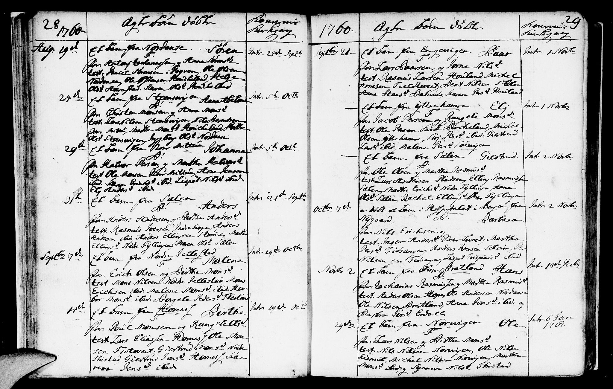 Fana Sokneprestembete, AV/SAB-A-75101/H/Haa/Haaa/L0004: Parish register (official) no. A 4, 1757-1774, p. 28-29