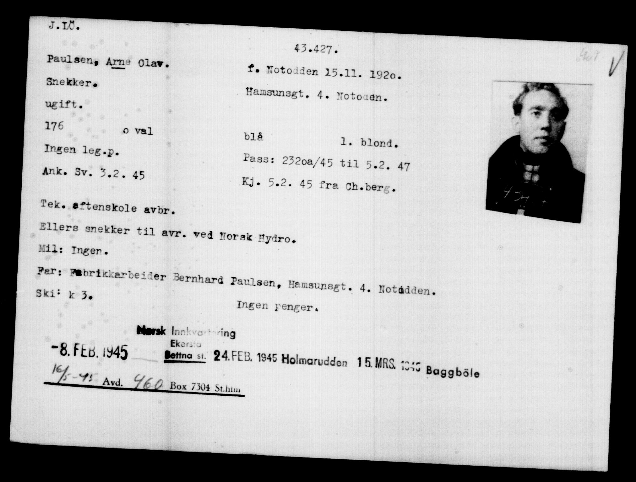 Utenriksstasjonene, Legasjonen i Stockholm, Flyktningkontoret, AV/RA-S-6753/V/Va/L0016: Kjesäterkartoteket, flyktninger med registreringsnr. 40700-43479, 1940-1945, p. 2812