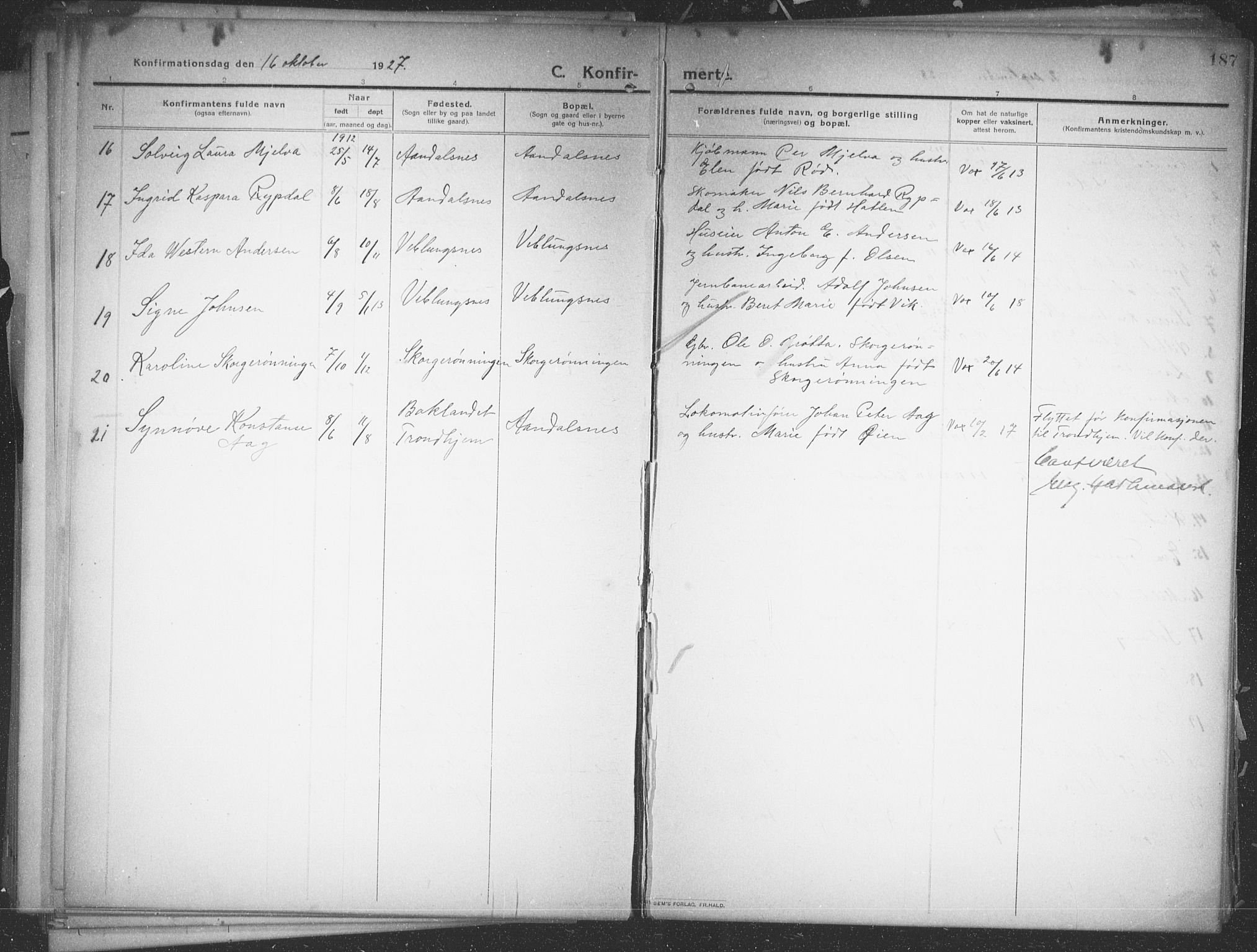 Ministerialprotokoller, klokkerbøker og fødselsregistre - Møre og Romsdal, AV/SAT-A-1454/544/L0581: Parish register (copy) no. 544C03, 1910-1937, p. 187