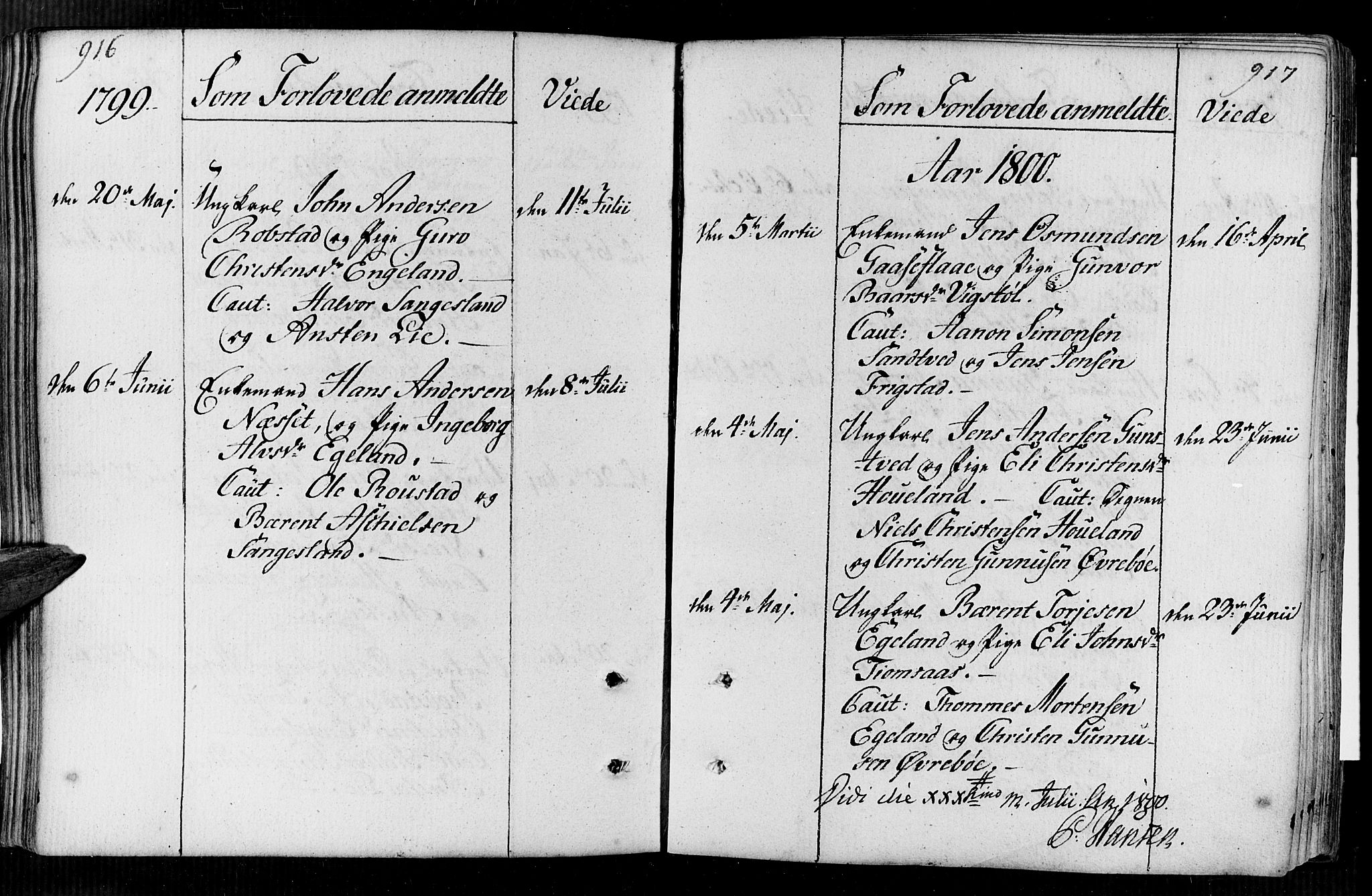 Vennesla sokneprestkontor, AV/SAK-1111-0045/Fa/Faa/L0002: Parish register (official) no. A 2, 1785-1834, p. 916-917