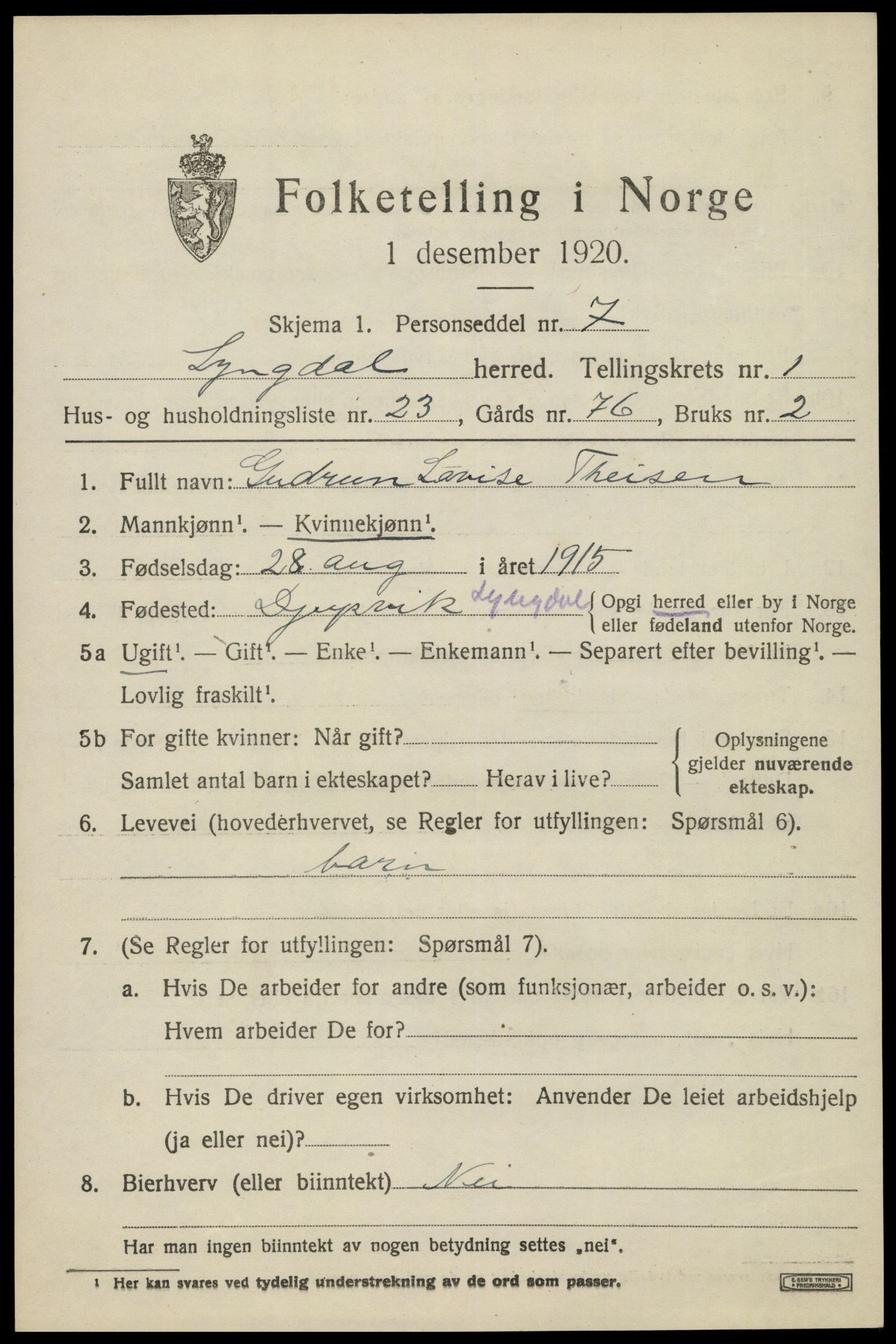 SAK, 1920 census for Lyngdal, 1920, p. 1565