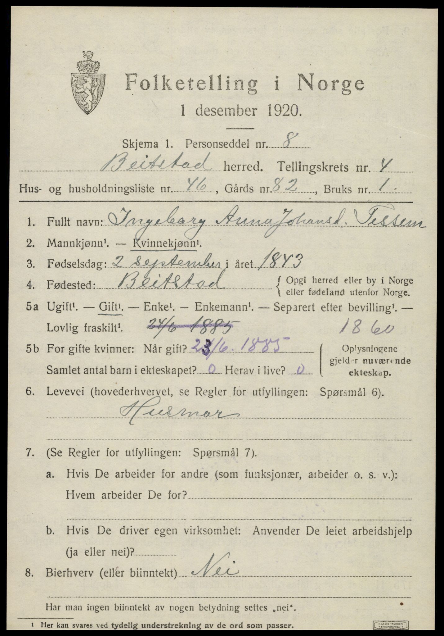SAT, 1920 census for Beitstad, 1920, p. 3483