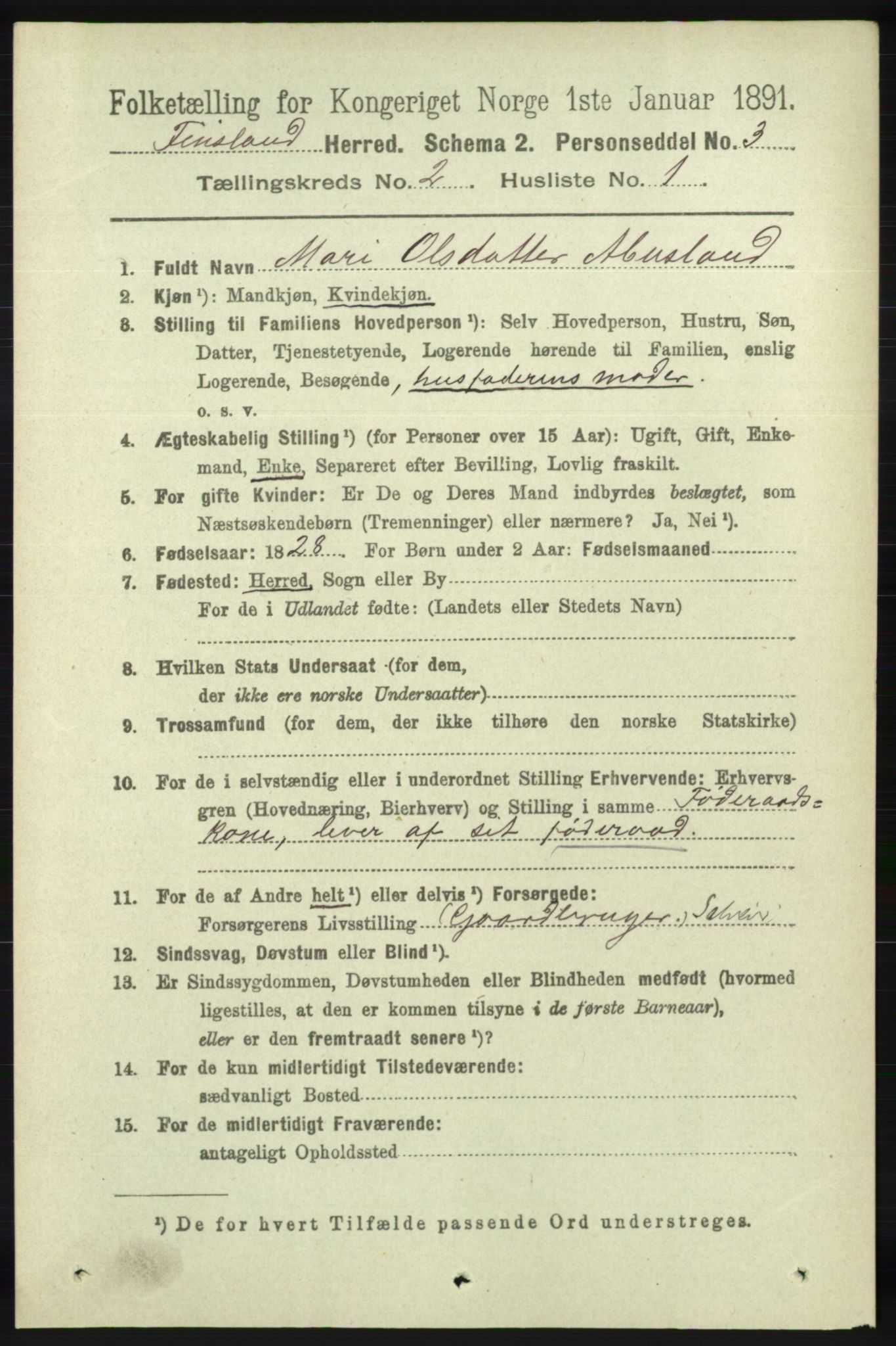 RA, 1891 census for 1023 Finsland, 1891, p. 437