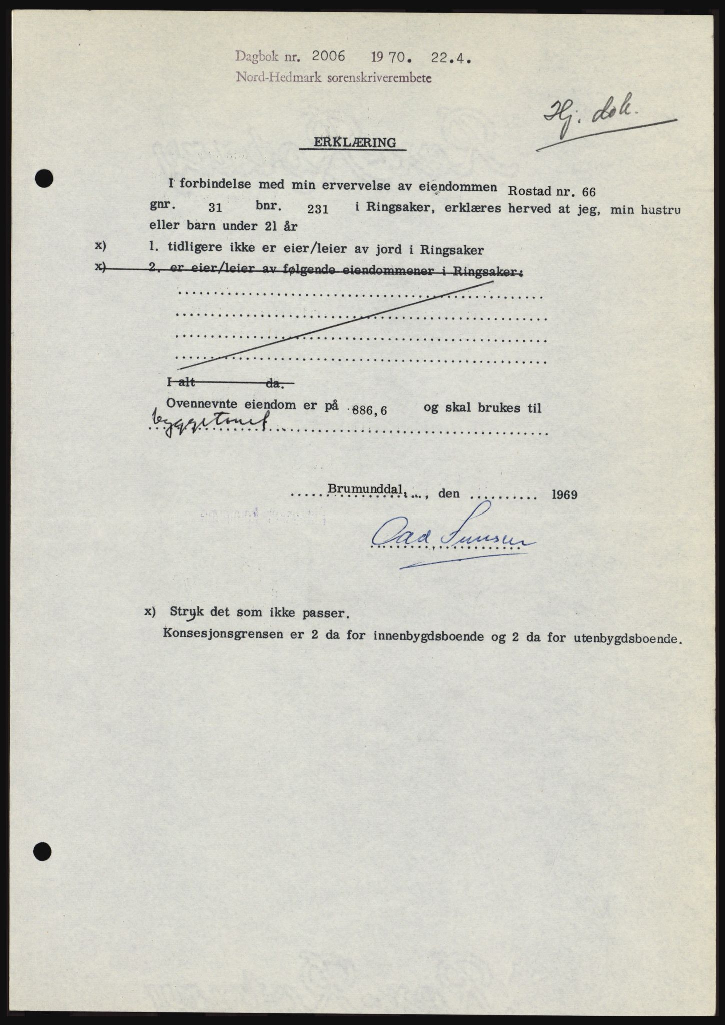 Nord-Hedmark sorenskriveri, SAH/TING-012/H/Hc/L0033: Mortgage book no. 33, 1970-1970, Diary no: : 2006/1970