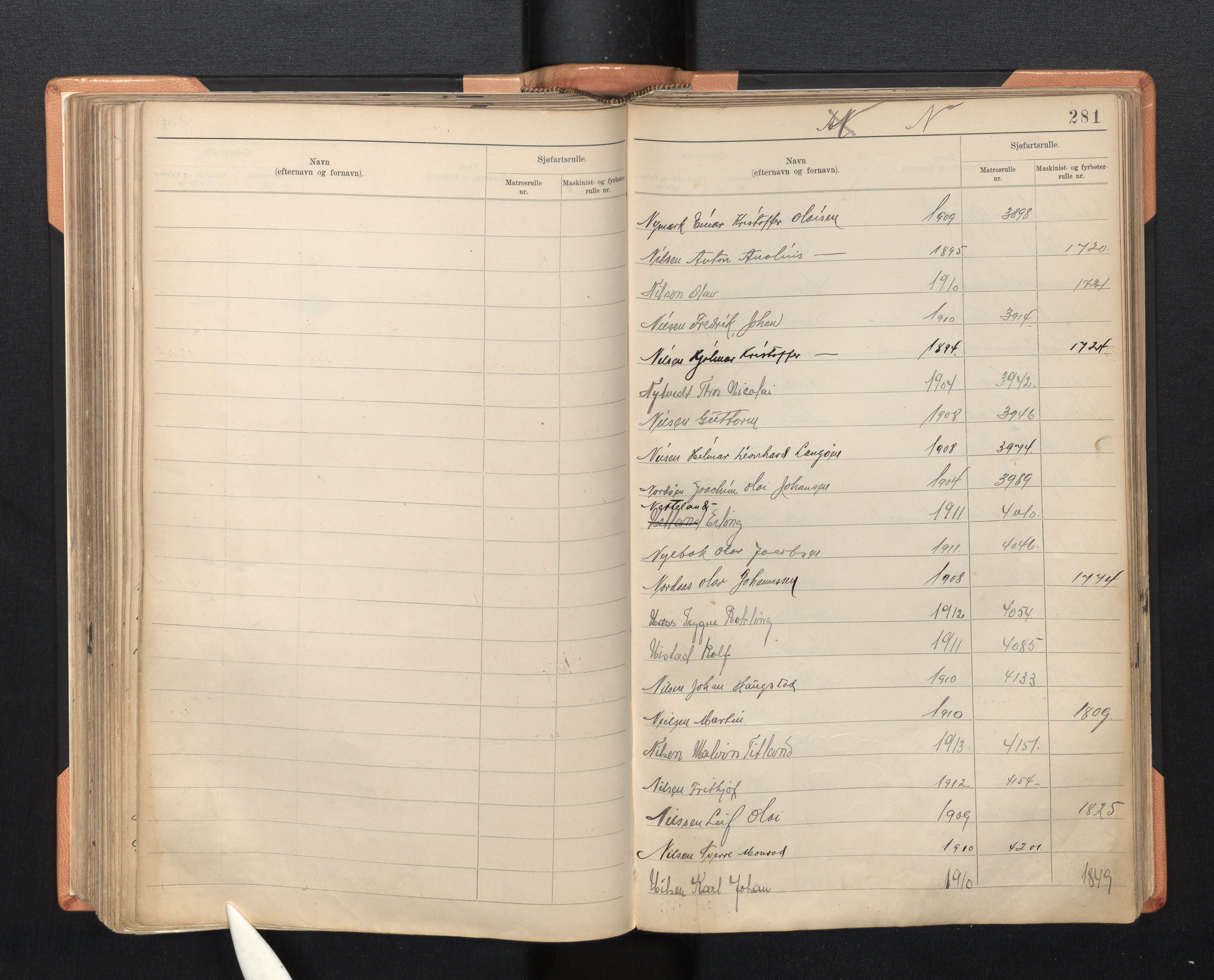 Innrulleringssjefen i Bergen, AV/SAB-A-100050/F/Fa/L0005: Register til sjøfartsrulle, Mønstringssjefen i Bergen, 1926-1948, p. 281