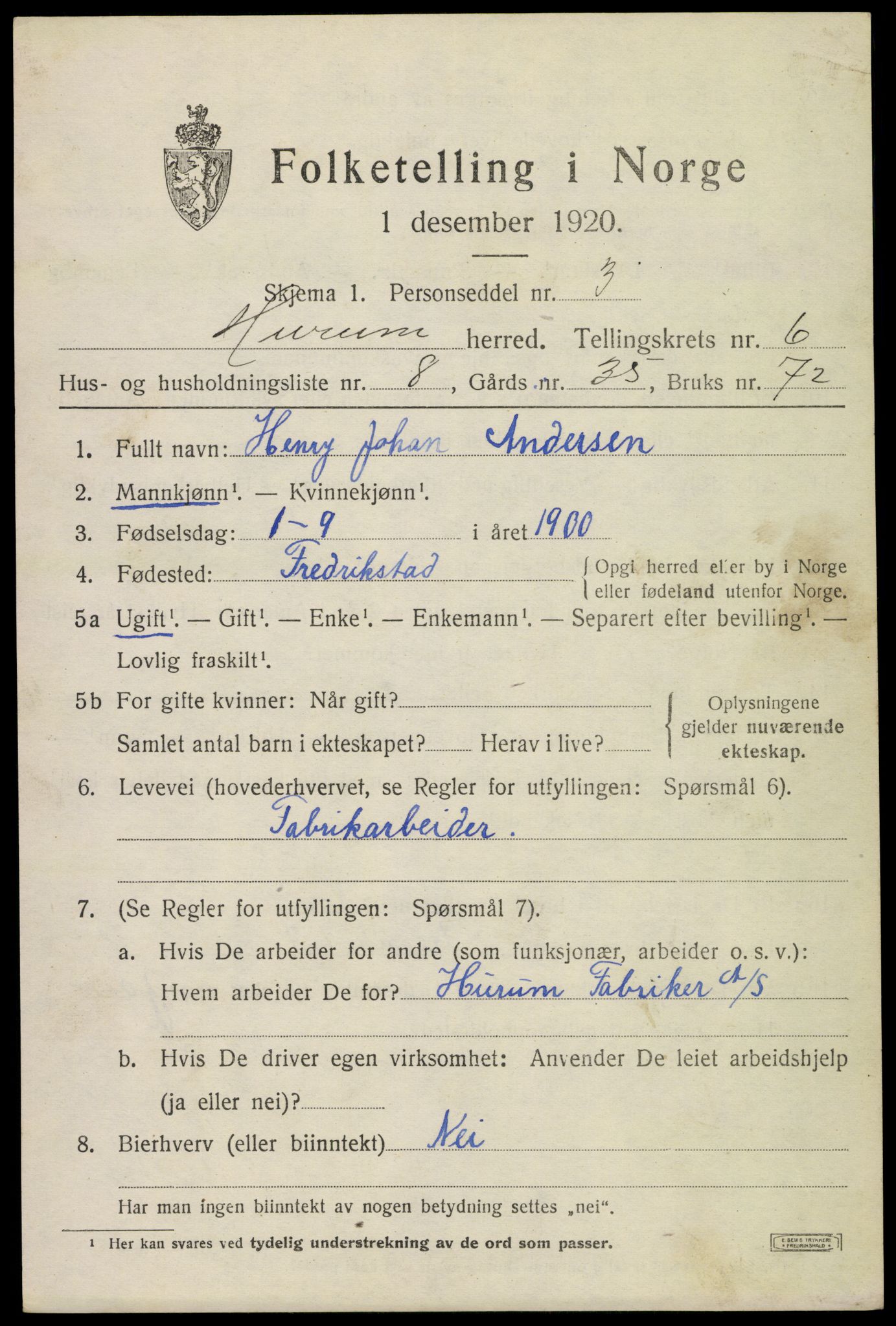 SAKO, 1920 census for Hurum, 1920, p. 7234