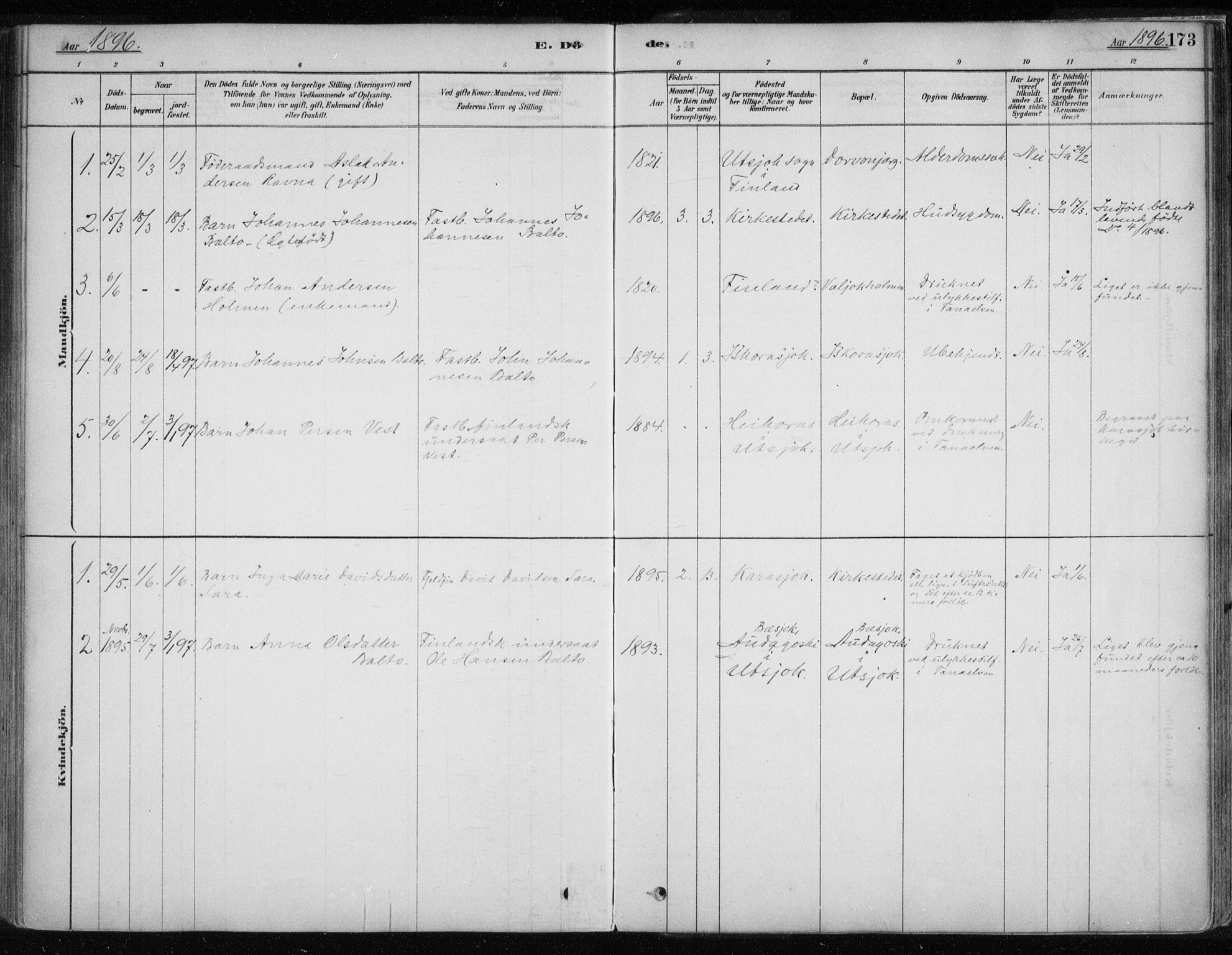 Karasjok sokneprestkontor, SATØ/S-1352/H/Ha/L0002kirke: Parish register (official) no. 2, 1885-1906, p. 173