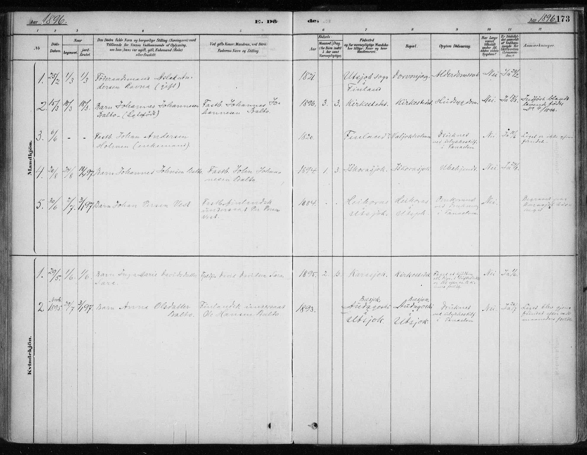 Karasjok sokneprestkontor, AV/SATØ-S-1352/H/Ha/L0002kirke: Parish register (official) no. 2, 1885-1906, p. 173