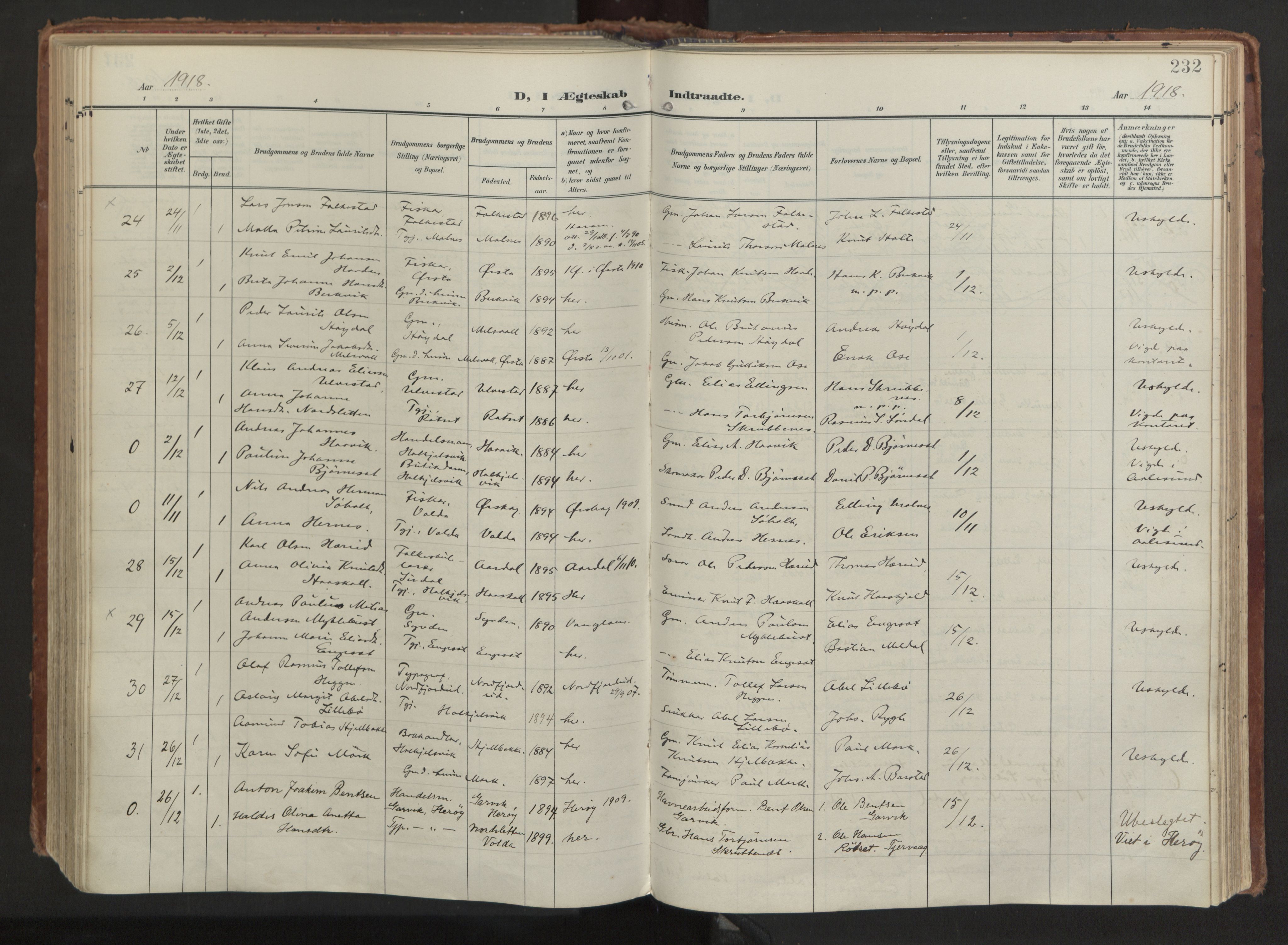 Ministerialprotokoller, klokkerbøker og fødselsregistre - Møre og Romsdal, AV/SAT-A-1454/511/L0144: Parish register (official) no. 511A11, 1906-1923, p. 232