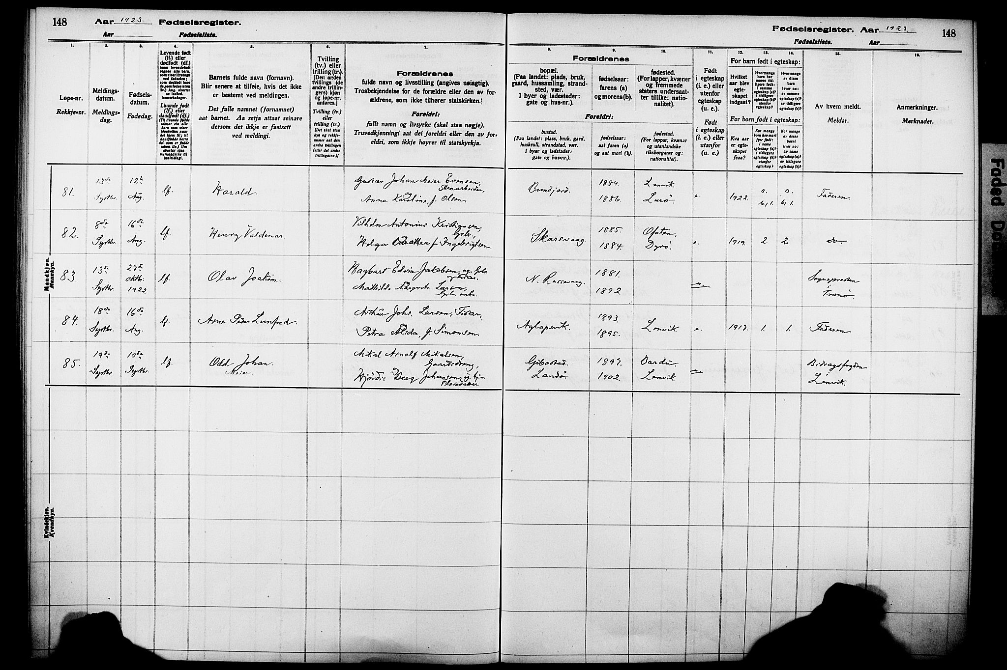 Lenvik sokneprestembete, AV/SATØ-S-1310/I/Ic/L0089: Birth register no. 89, 1916-1926, p. 148